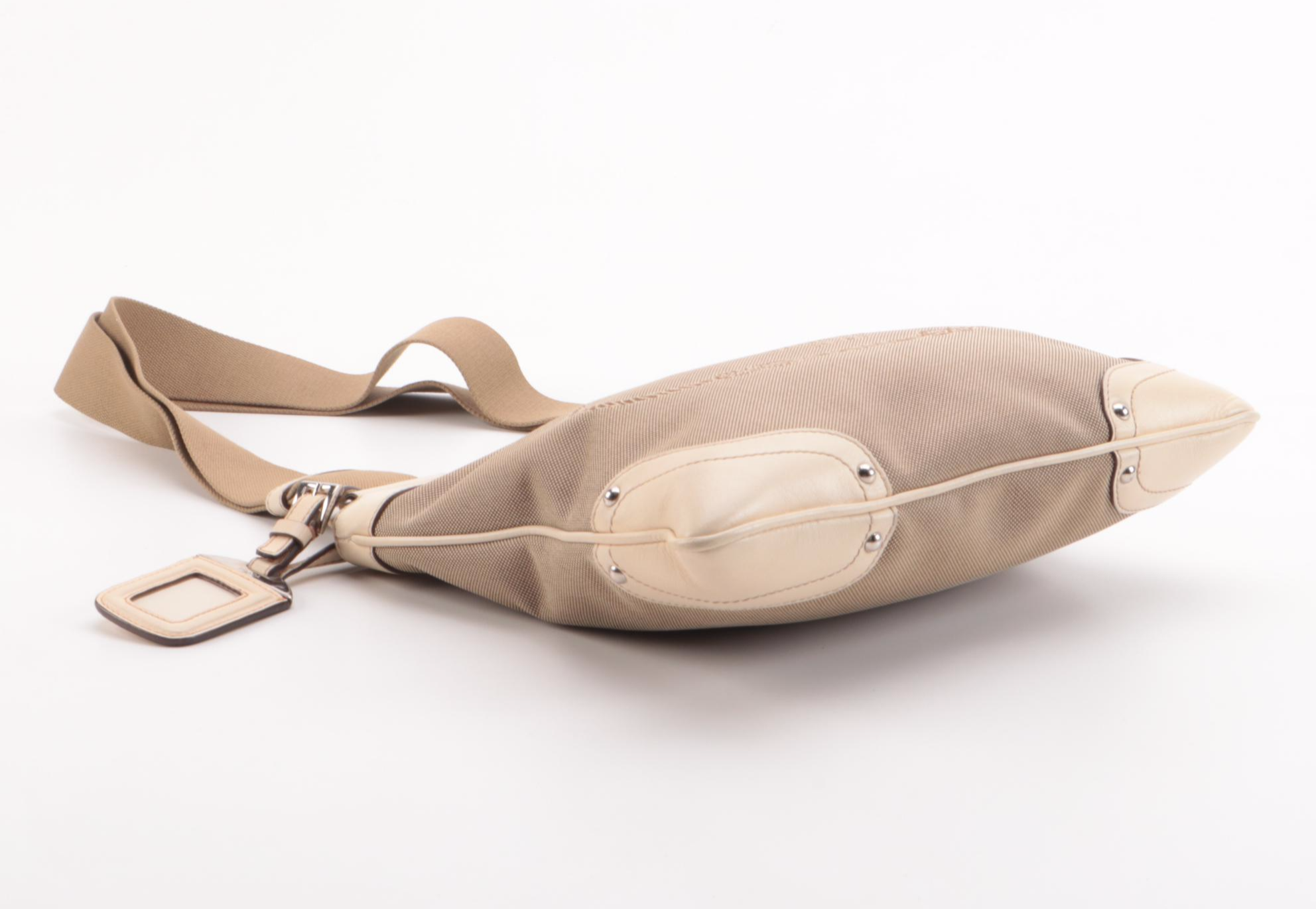 Prada Canapa Canvas and Beige Leather Shoulder Bag