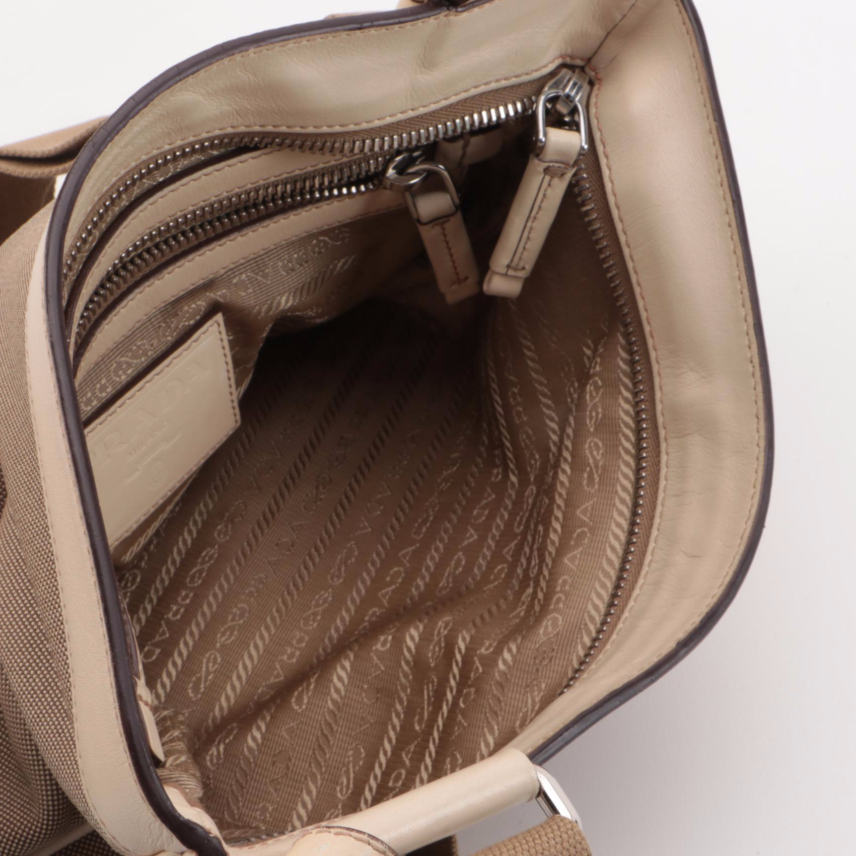 Prada Canapa Canvas and Beige Leather Shoulder Bag