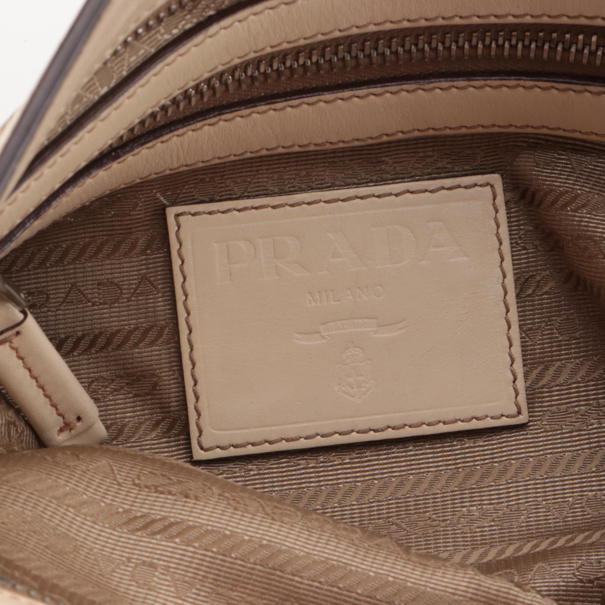 Prada Canapa Canvas and Beige Leather Shoulder Bag