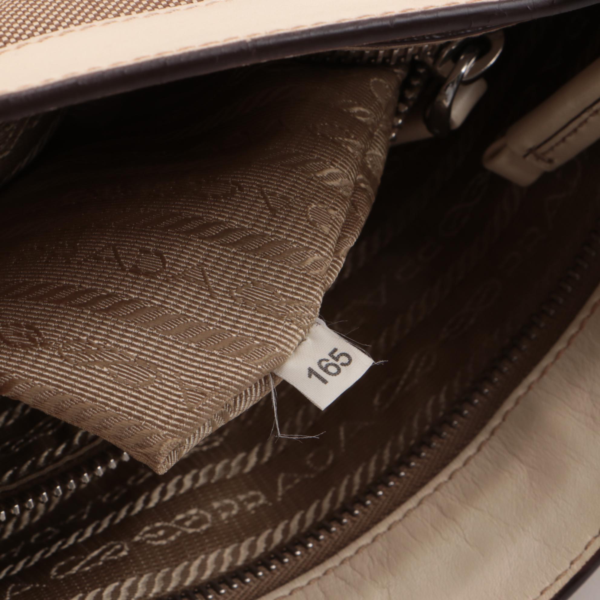 Prada Canapa Canvas and Beige Leather Shoulder Bag