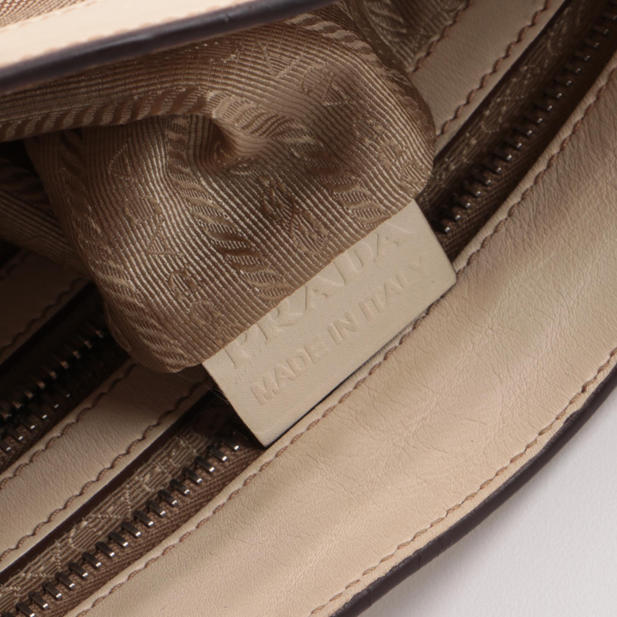 Prada Canapa Canvas and Beige Leather Shoulder Bag