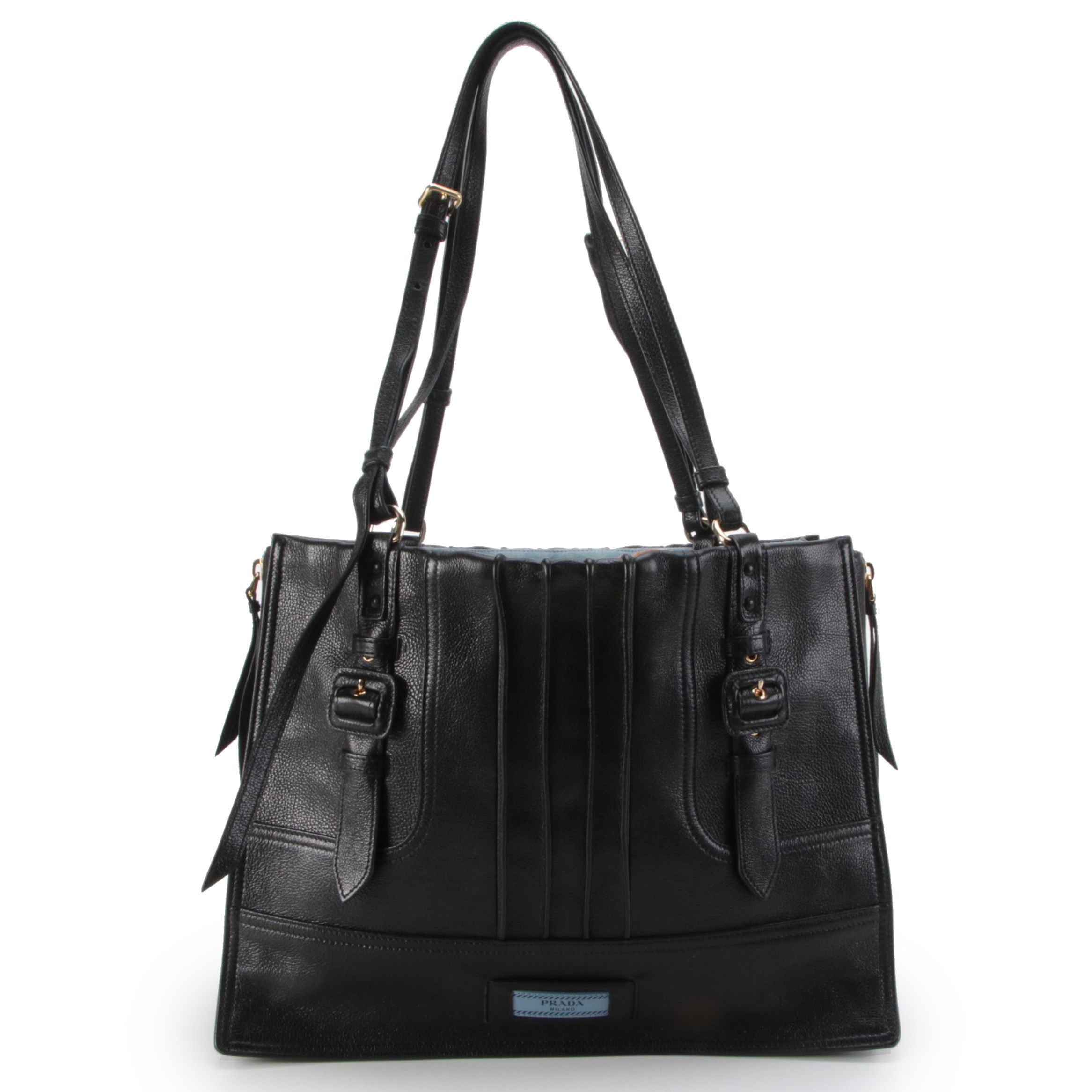 Prada Etiquette Patch Tote in Black Leather with Light Blue Suede