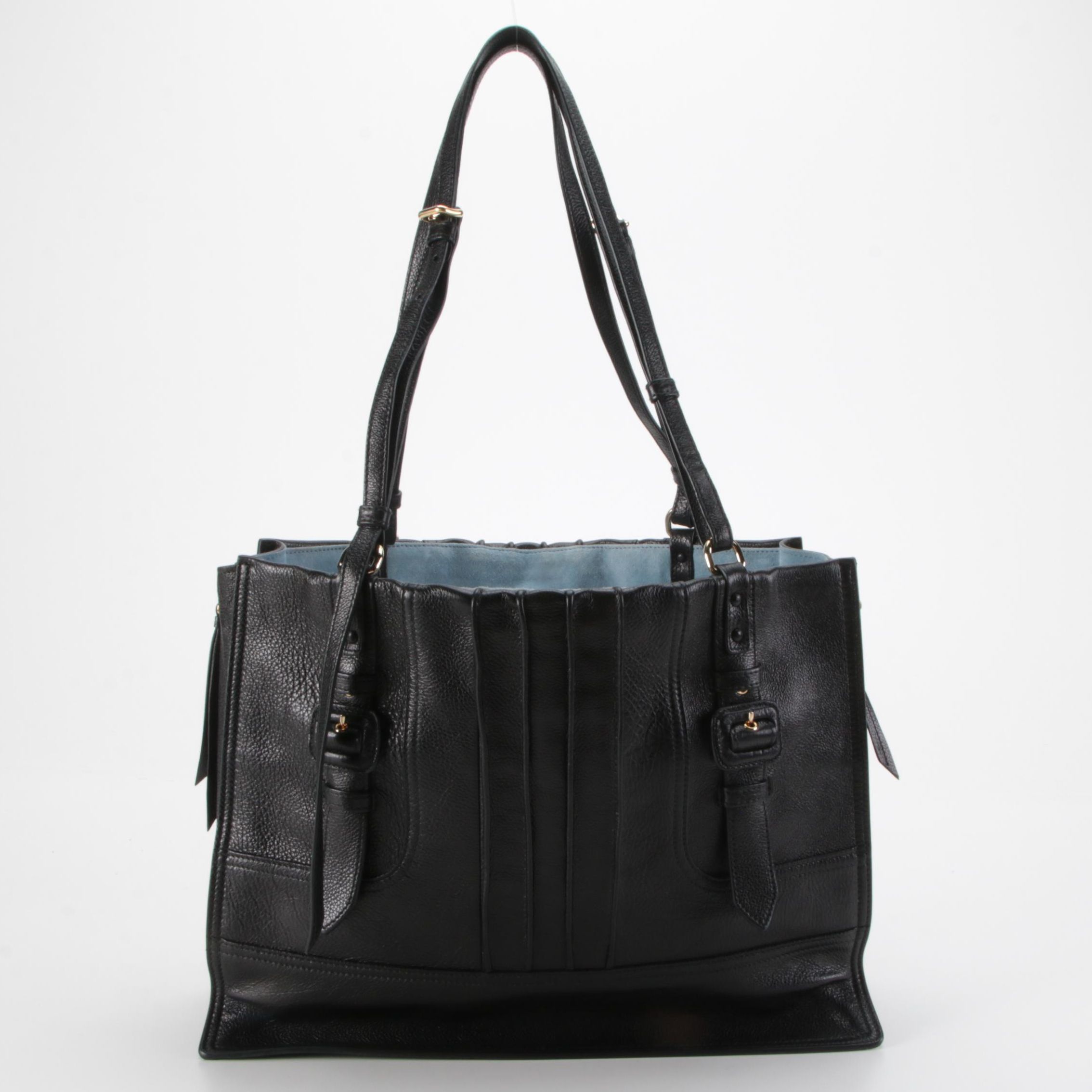 Prada Etiquette Patch Tote in Black Leather with Light Blue Suede