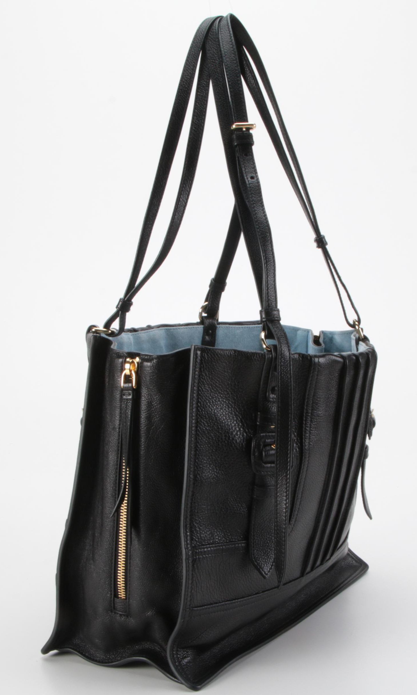 Prada Etiquette Patch Tote in Black Leather with Light Blue Suede