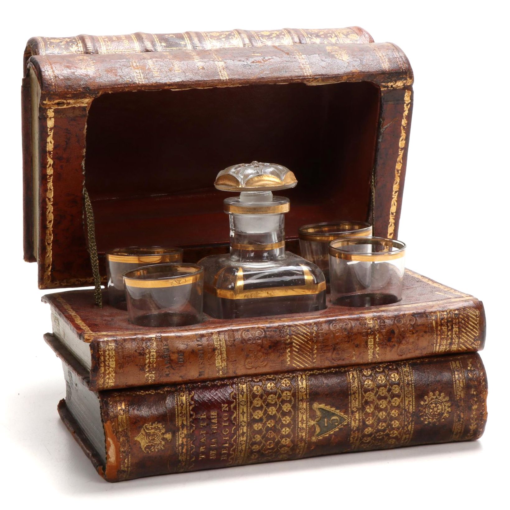 French Hidden Bar Book Tantalus Decanter Set, Late 19th Century