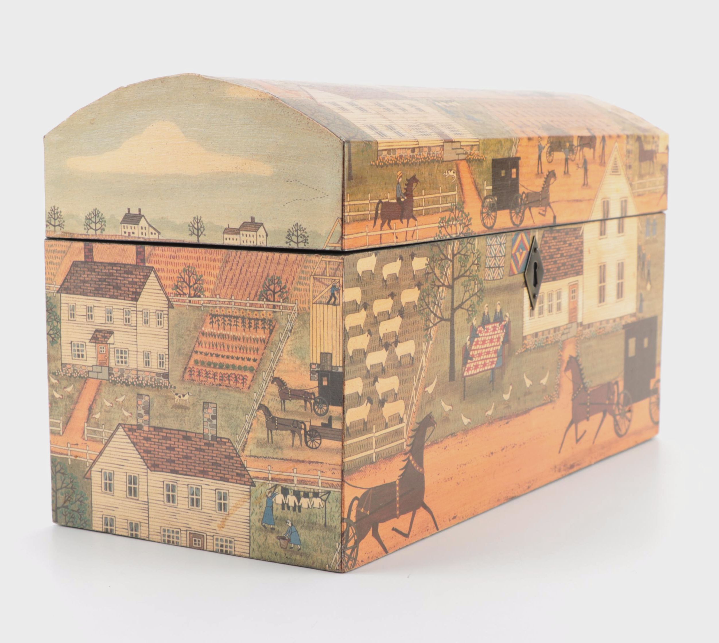 Decoupage Casket Storage Box with Decorative Amish Farming Scenery