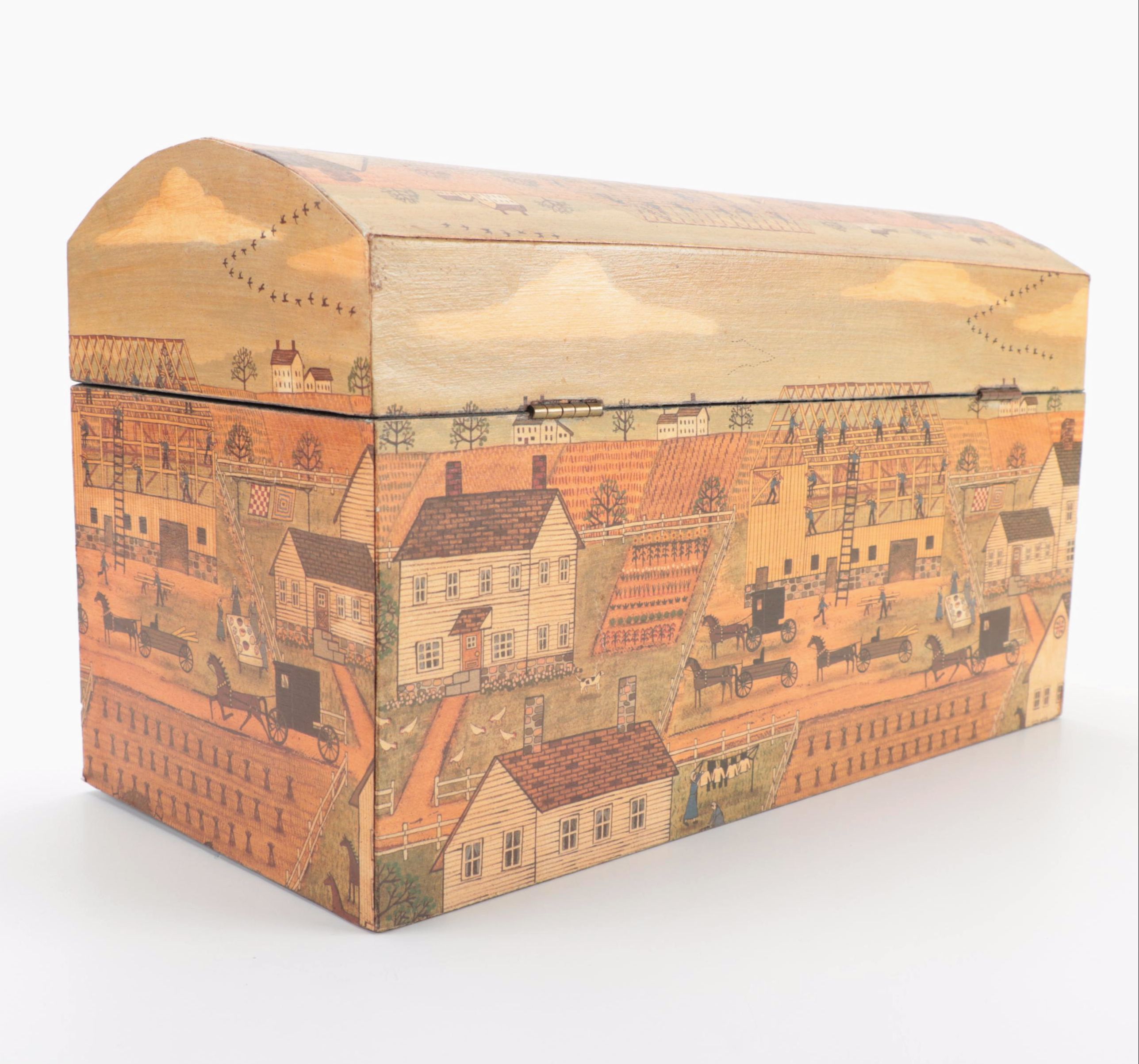 Decoupage Casket Storage Box with Decorative Amish Farming Scenery