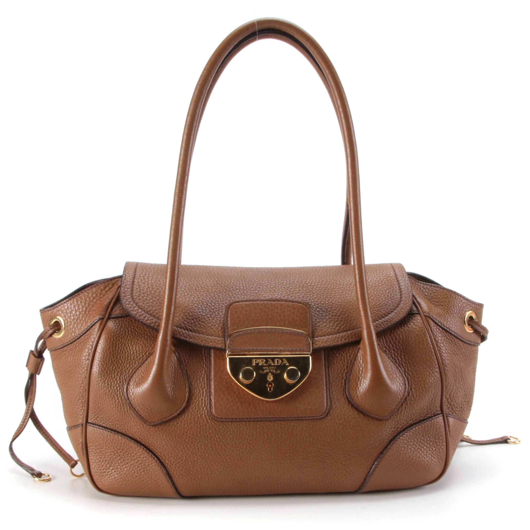 Prada Sound Lock Satchel Bag in Brown Vitello Daino Leather