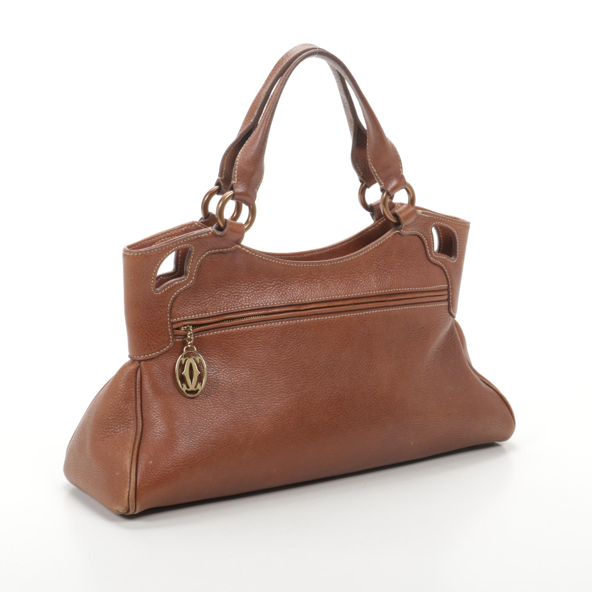 Cartier Marcello Shoulder Bag in Grained Brown Leather with Contrast Stitching