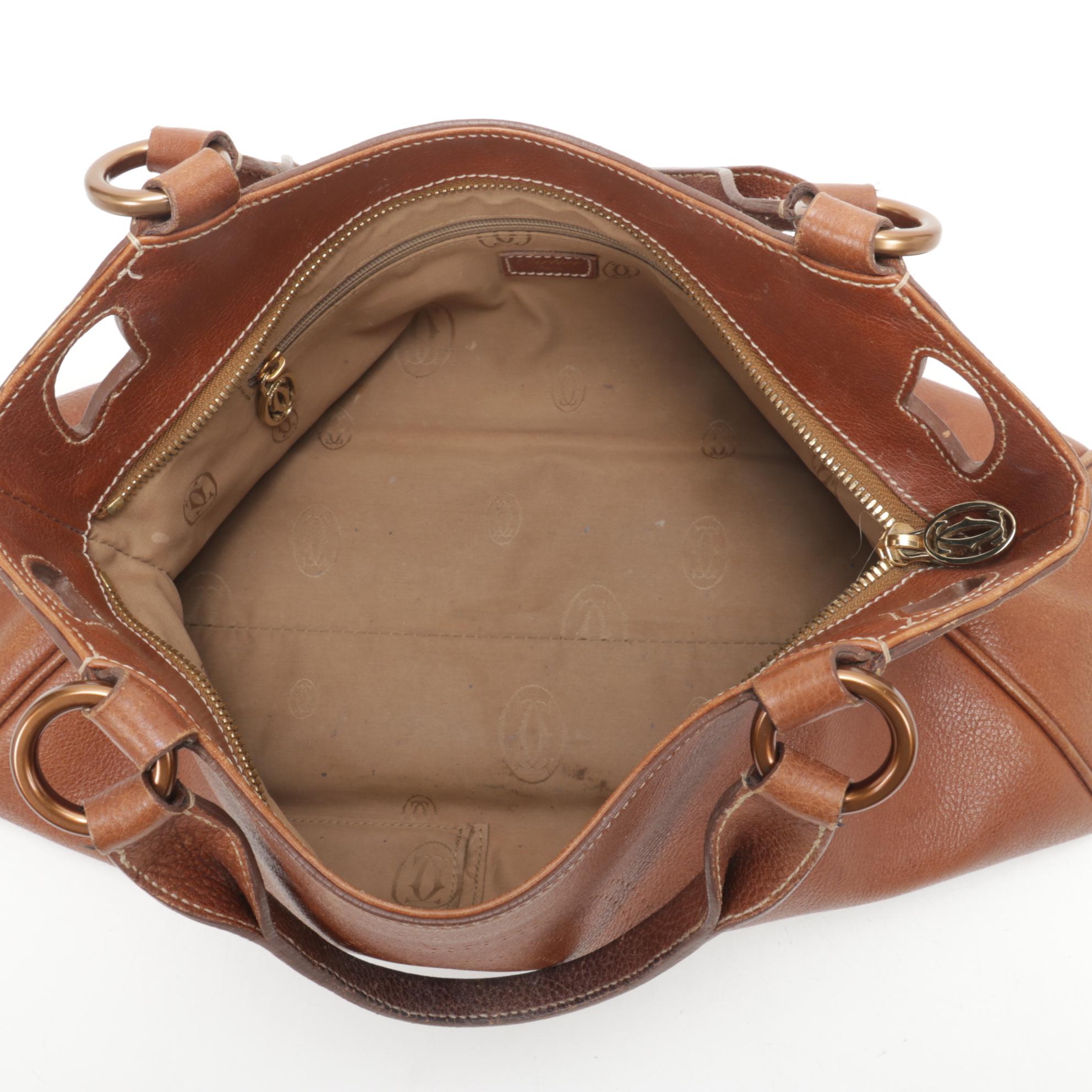 Cartier Marcello Shoulder Bag in Grained Brown Leather with Contrast Stitching