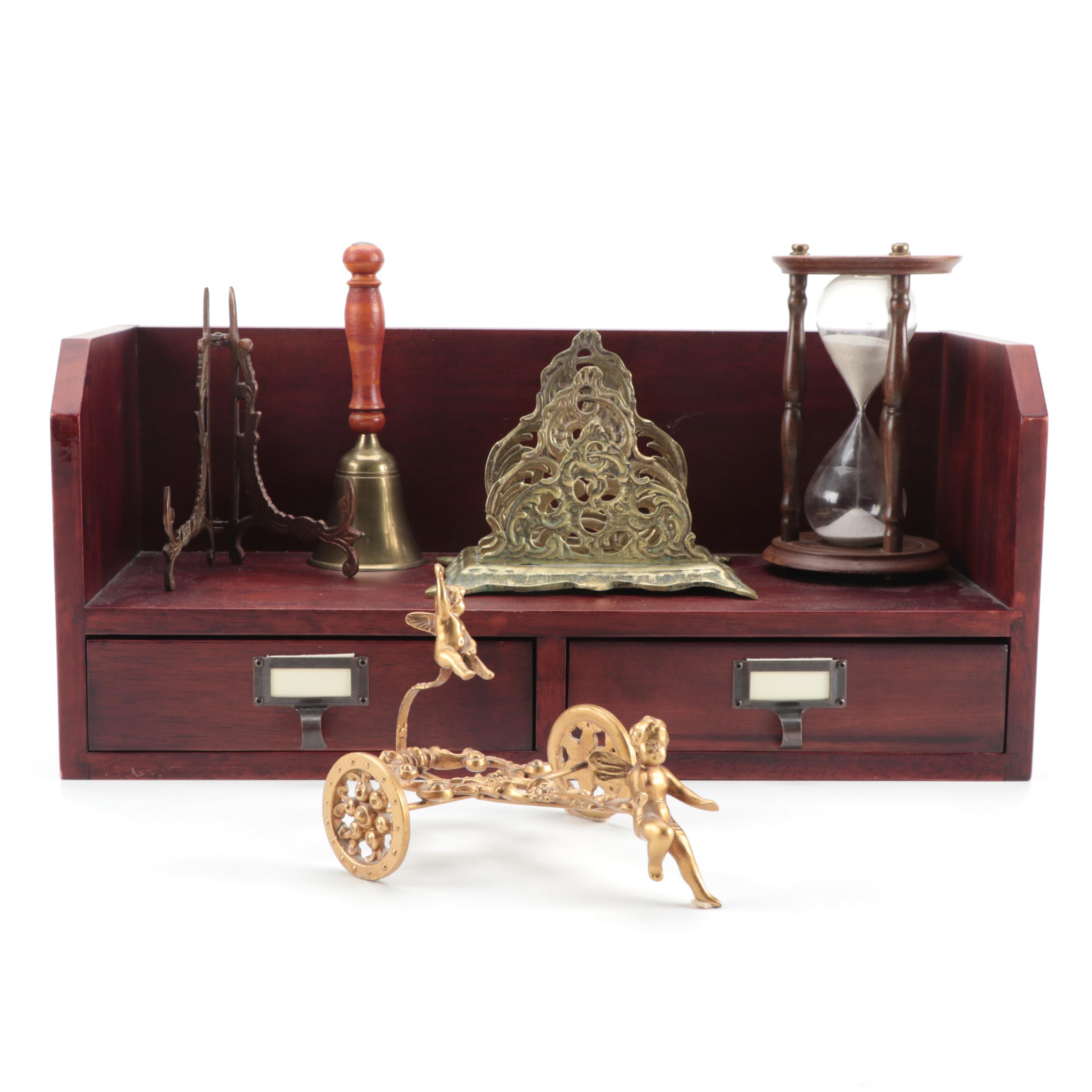 Floating Shelf with Drawers, Zodiac Hourglass, and Other Office Accessories