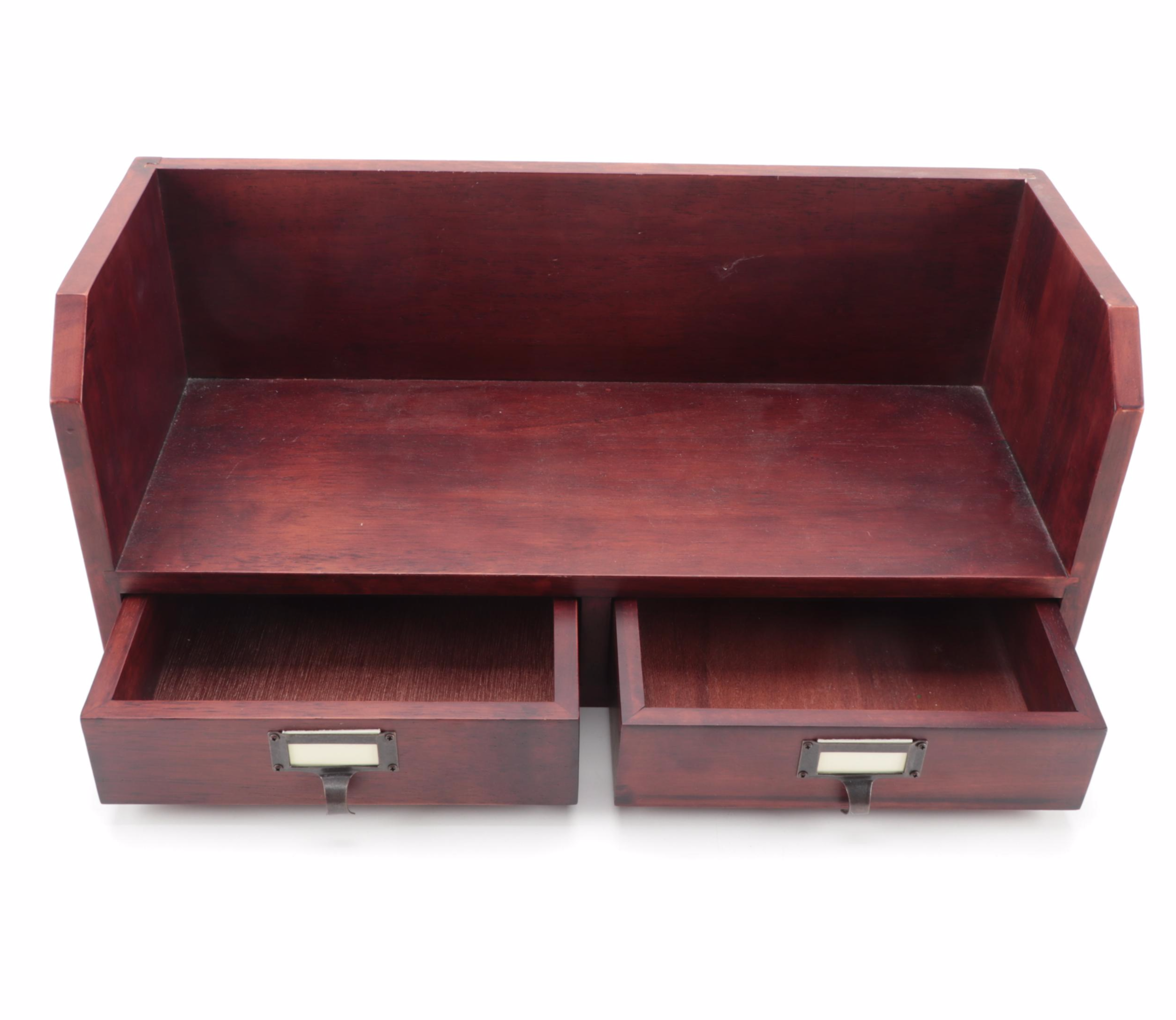 Floating Shelf with Drawers, Zodiac Hourglass, and Other Office Accessories