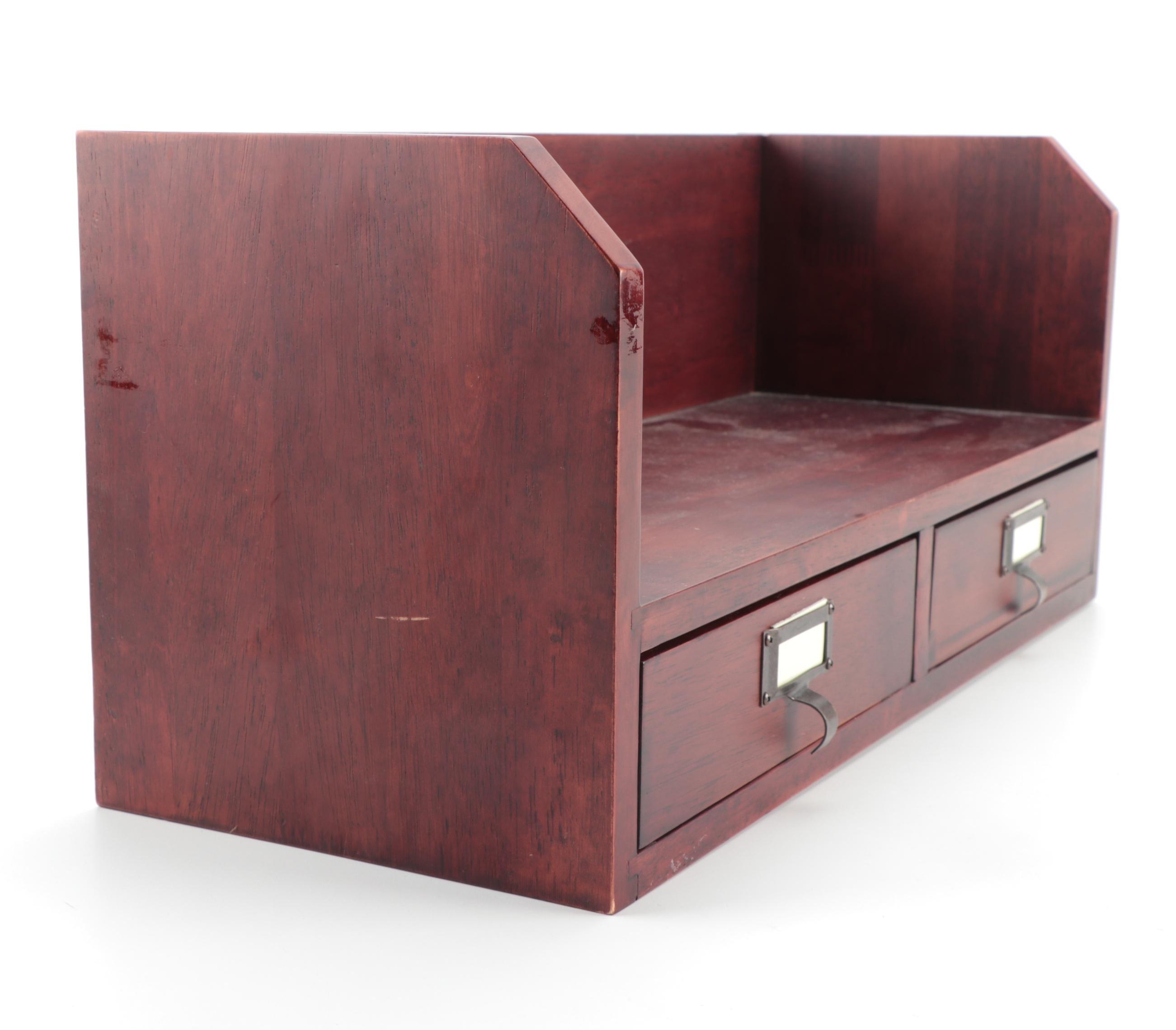 Floating Shelf with Drawers, Zodiac Hourglass, and Other Office Accessories