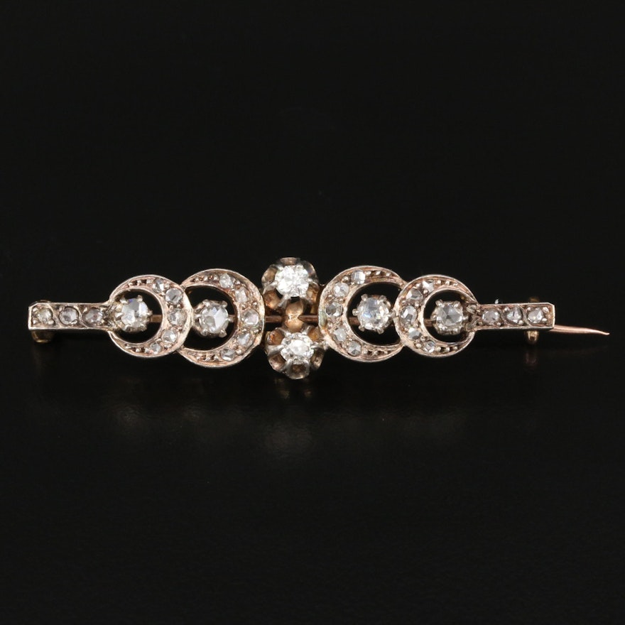 Late Georgian 14K Diamond Crescent Pattern Bar Brooch with Sterling Top