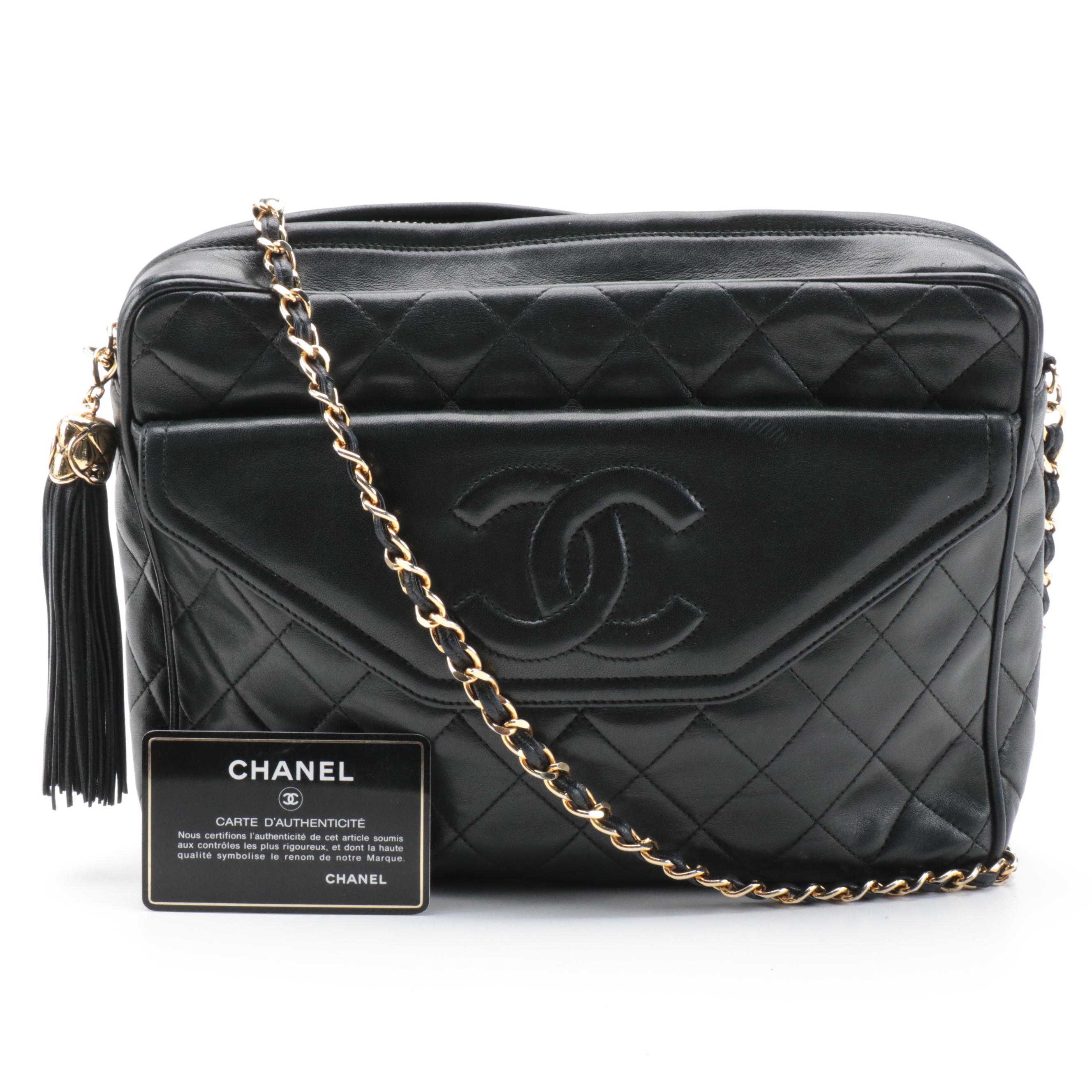 Chanel Quilted CC Stitch Camera Tassel Bag in Black Lambskin Leather