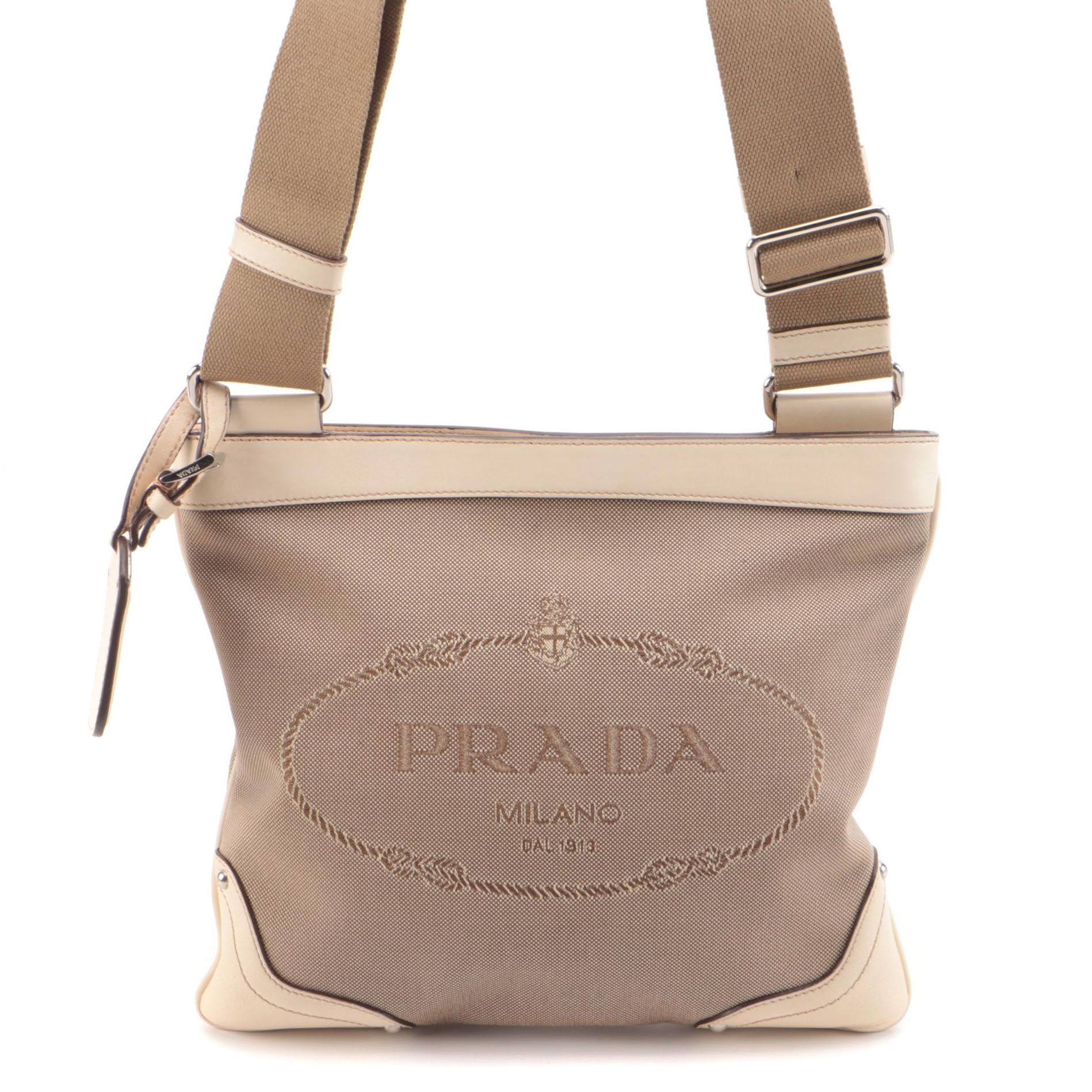Prada Canapa Canvas and Beige Leather Shoulder Bag