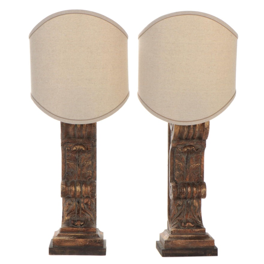 Carved Wood Pilaster Column Wall Lamps