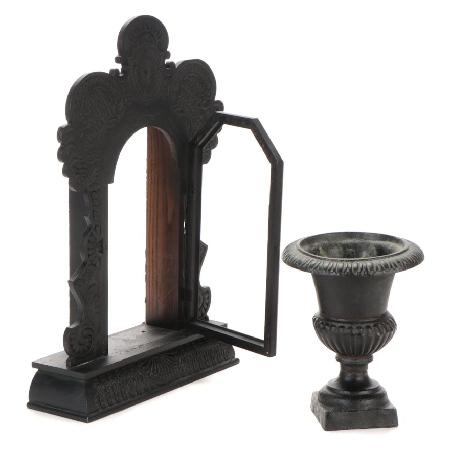 Wood Mantel Clock Case and Iron Urn