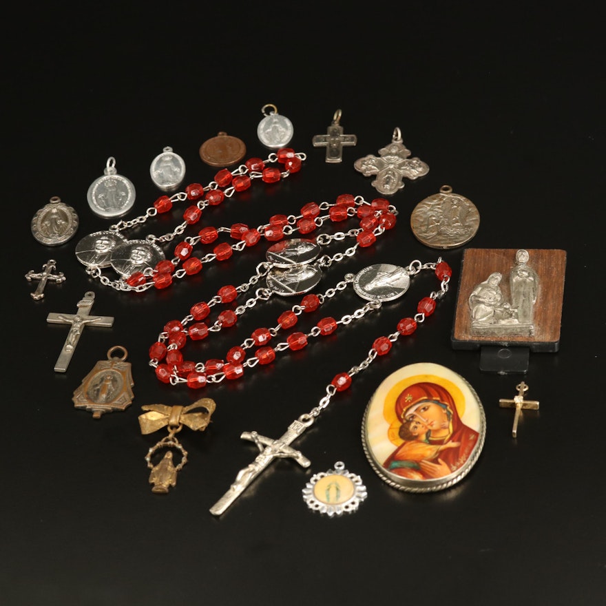 Religious Jewelry Selection Including Signed Brooch and Cross Charms