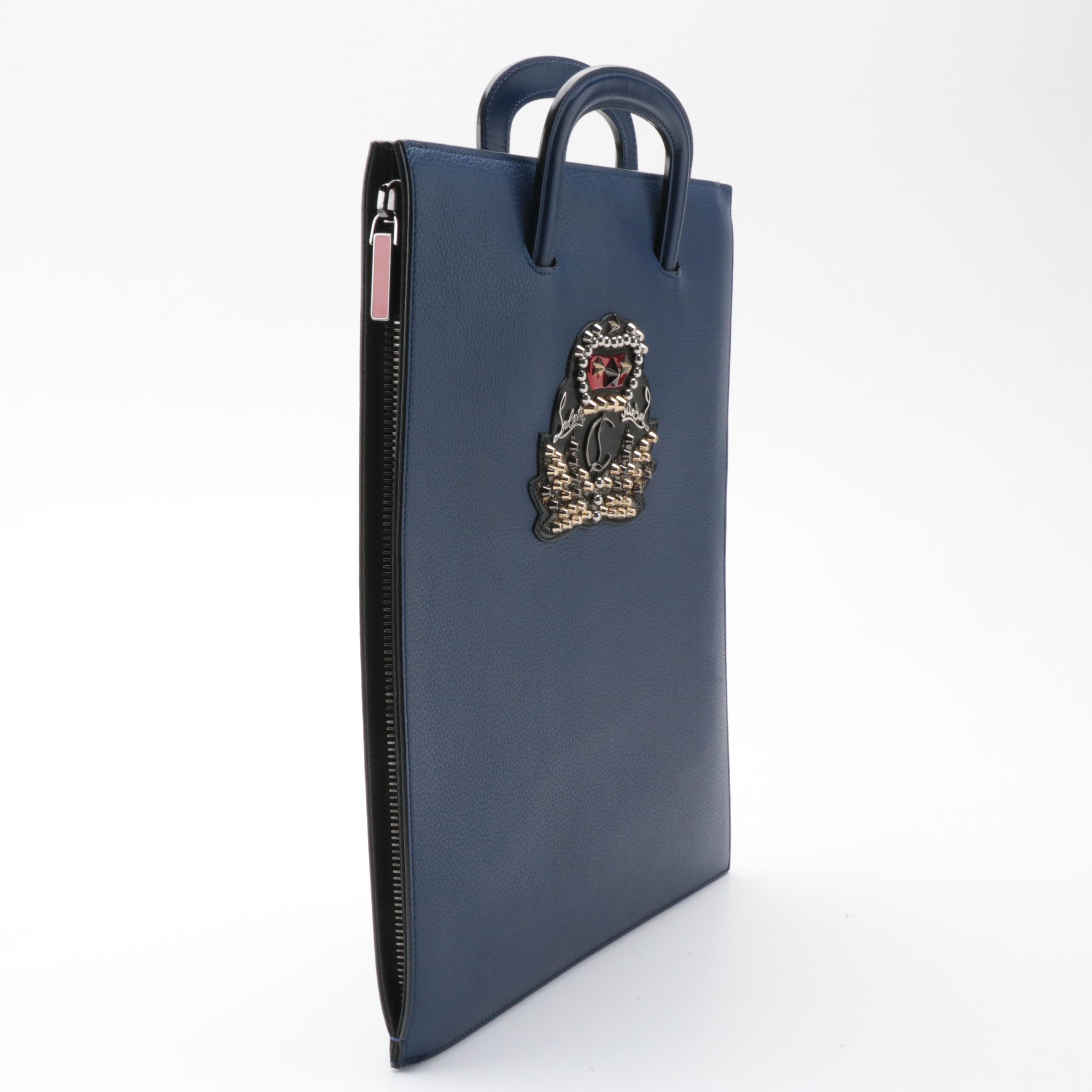 Christian Louboutin Large Trictac Portfolio Bag in Blue Grained Leather