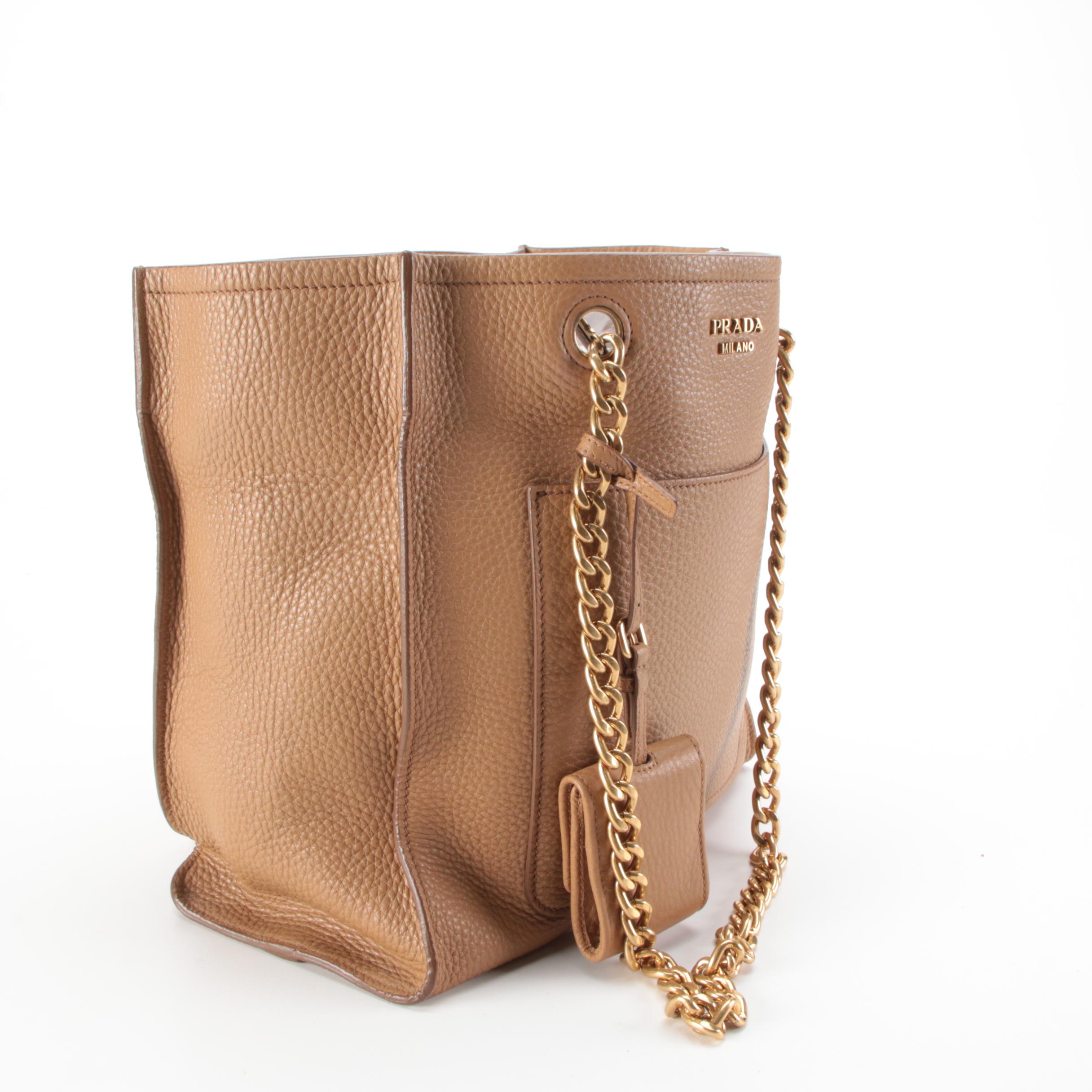 Prada Front Pocket Shopping Tote in Caramel Vitello Daino Leather