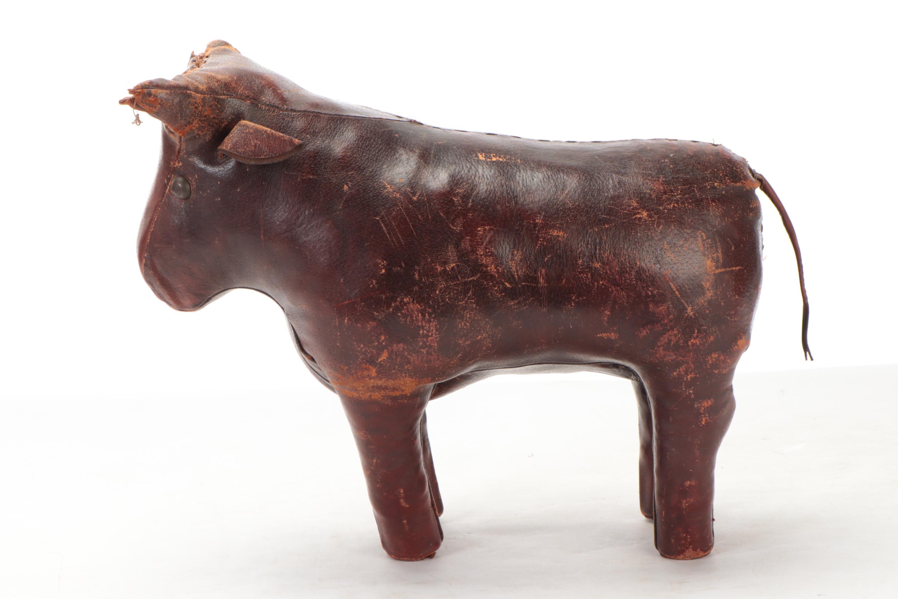 Dimitri Omersa for Abercrombie and Fitch Leather Bull Footstool, 1960s