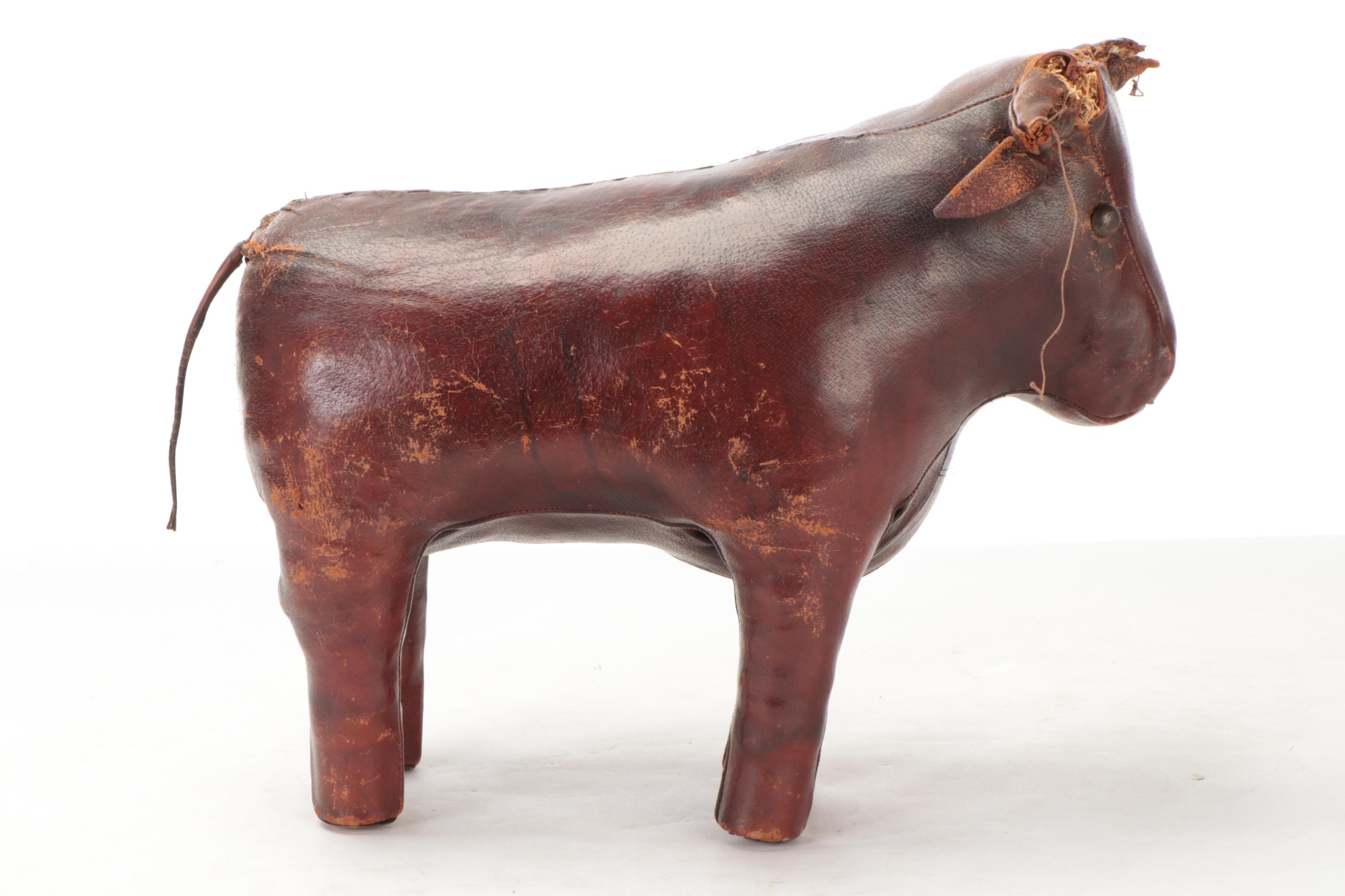 Dimitri Omersa for Abercrombie and Fitch Leather Bull Footstool, 1960s