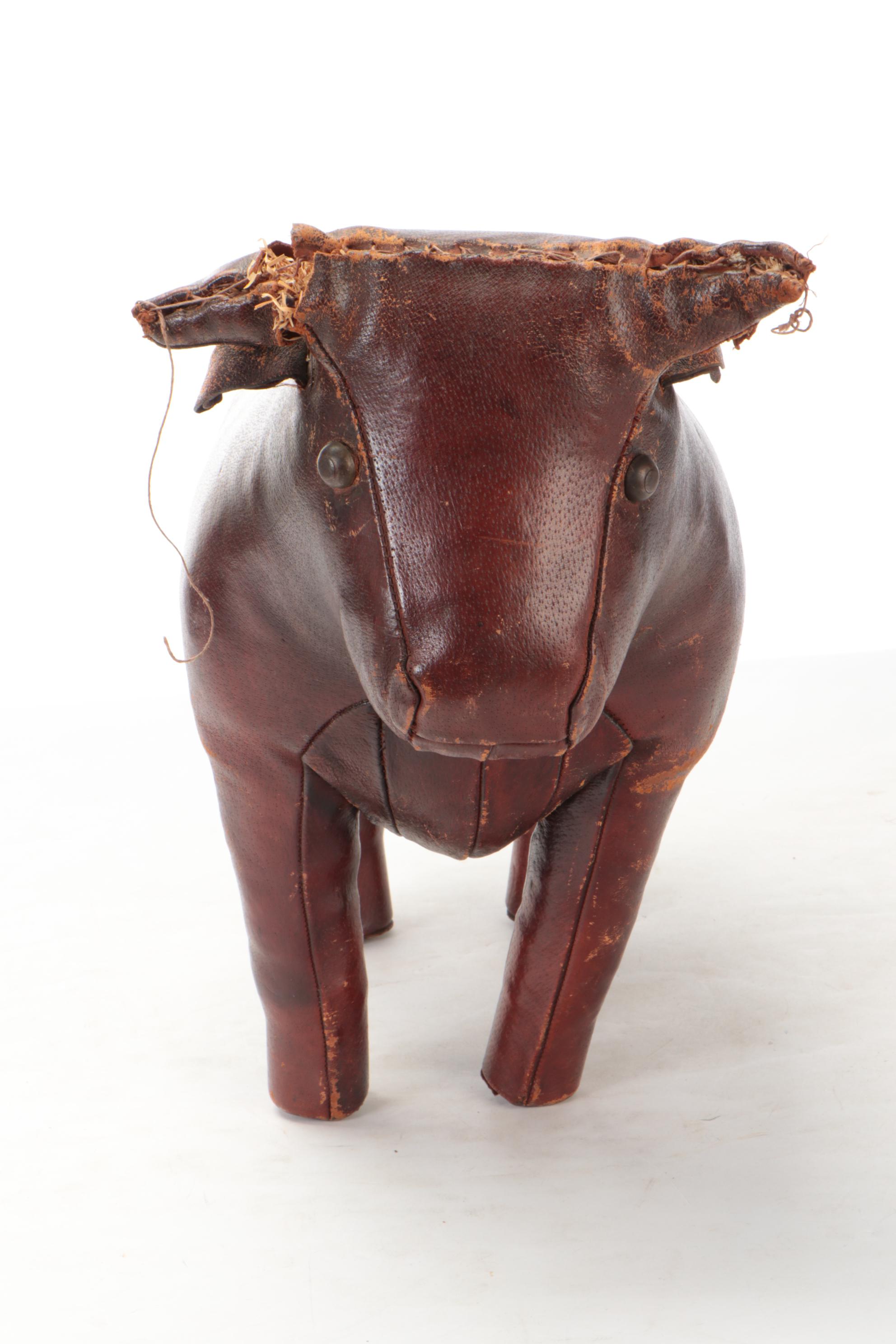 Dimitri Omersa for Abercrombie and Fitch Leather Bull Footstool, 1960s