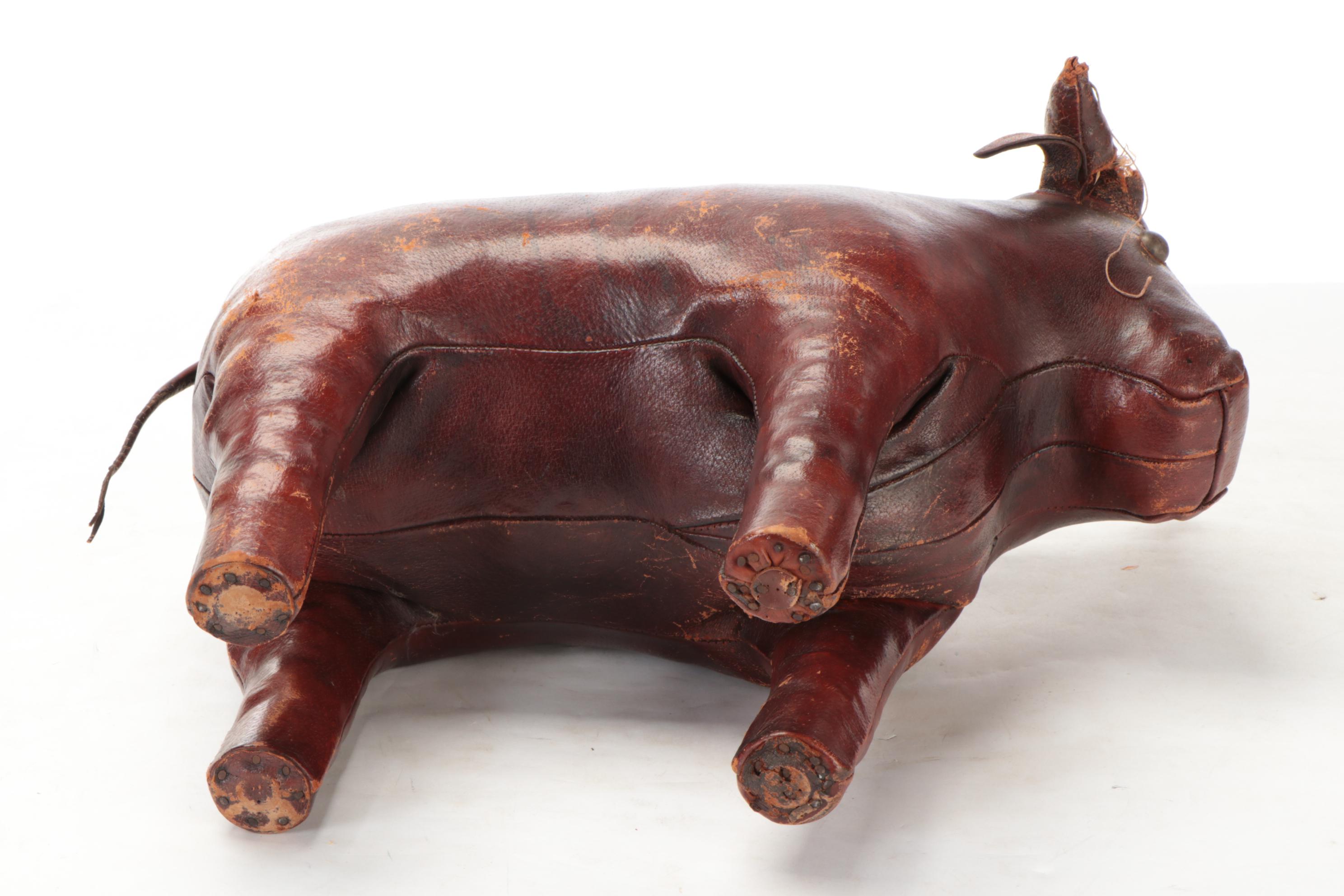 Dimitri Omersa for Abercrombie and Fitch Leather Bull Footstool, 1960s