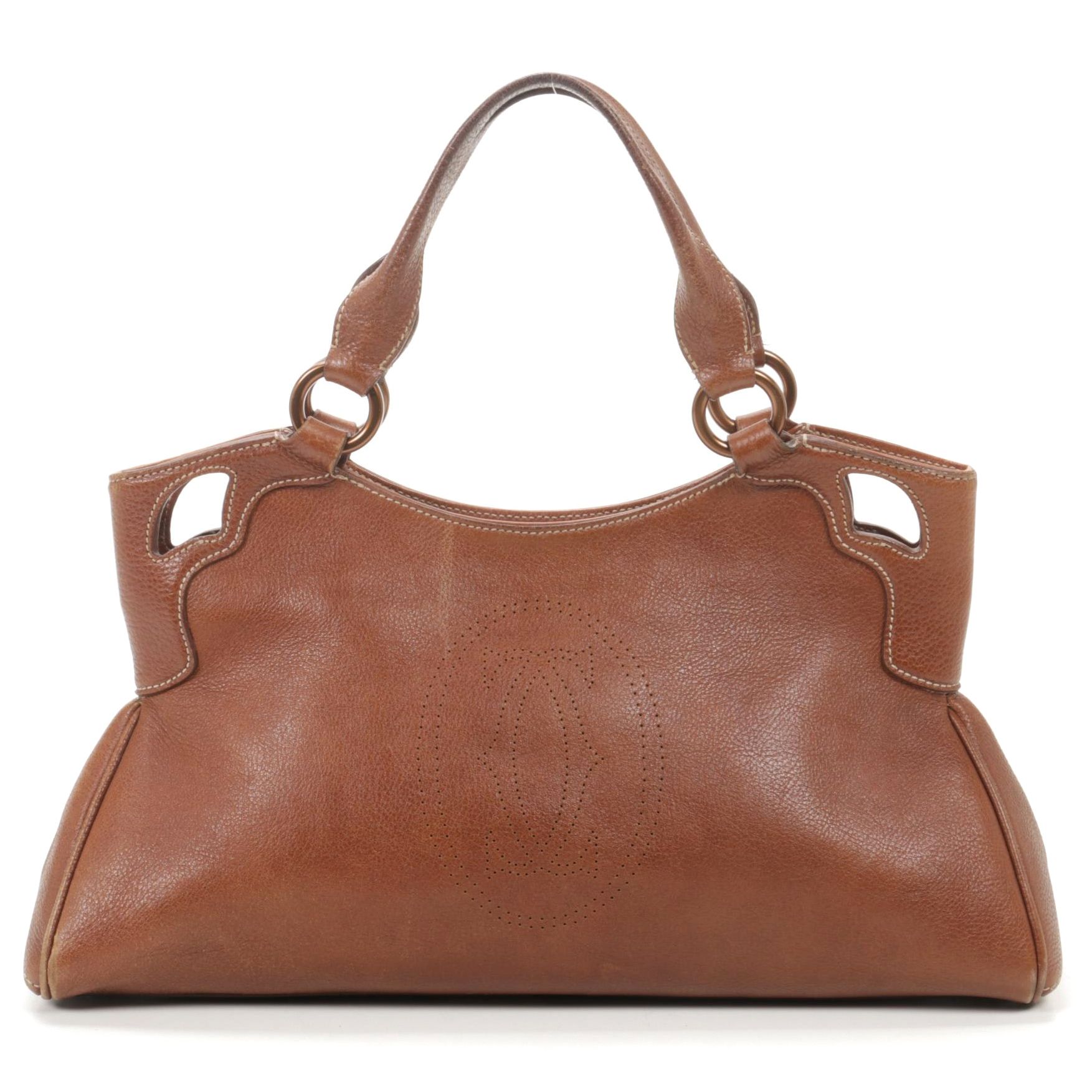 Cartier Marcello Shoulder Bag in Grained Brown Leather with Contrast Stitching