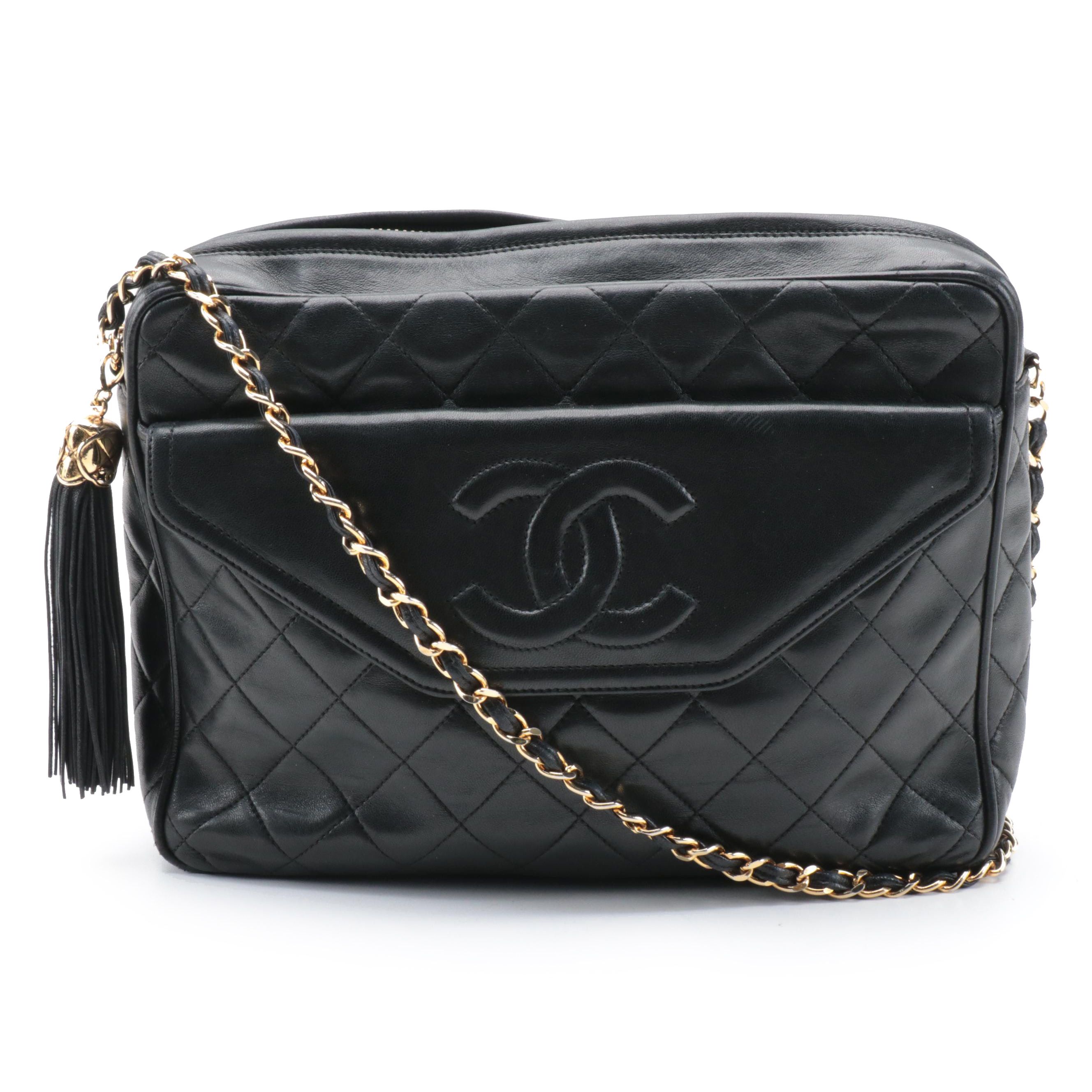 Chanel Quilted CC Stitch Camera Tassel Bag in Black Lambskin Leather
