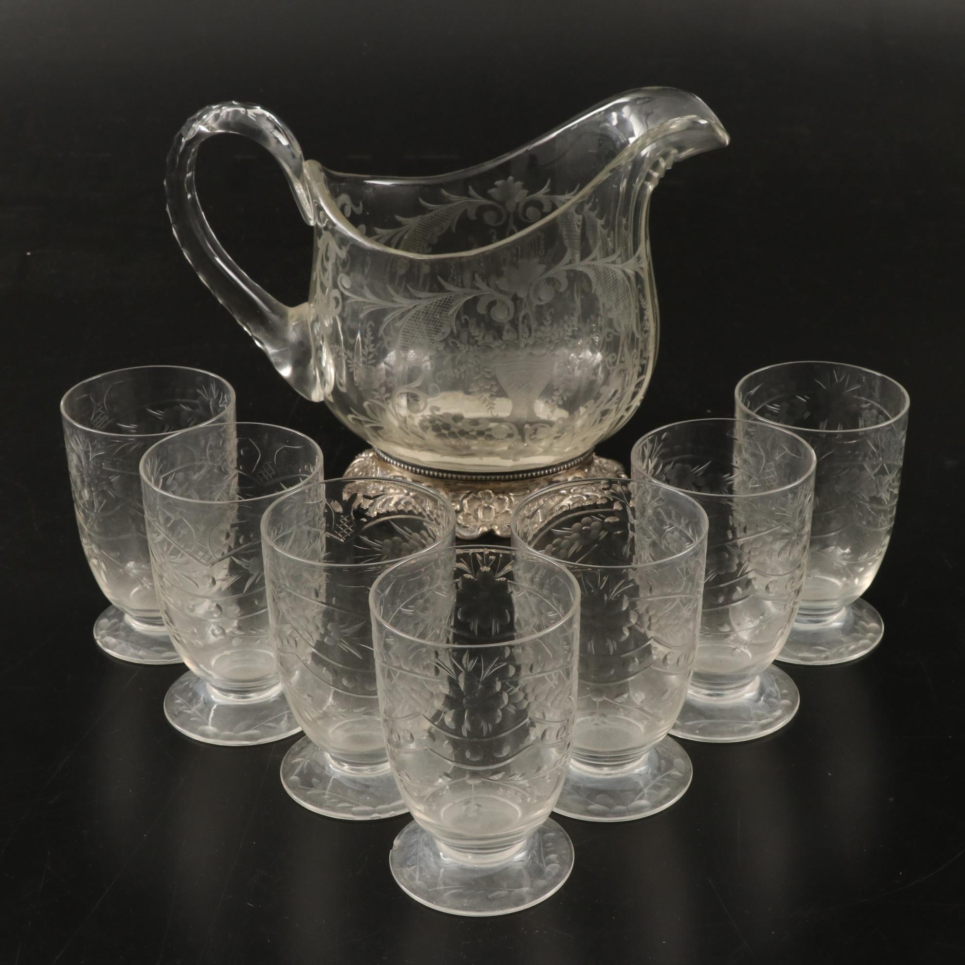 J.D. Schleissner and Söhne 800 Silver Footed Etched Glass Pitcher and Glasses