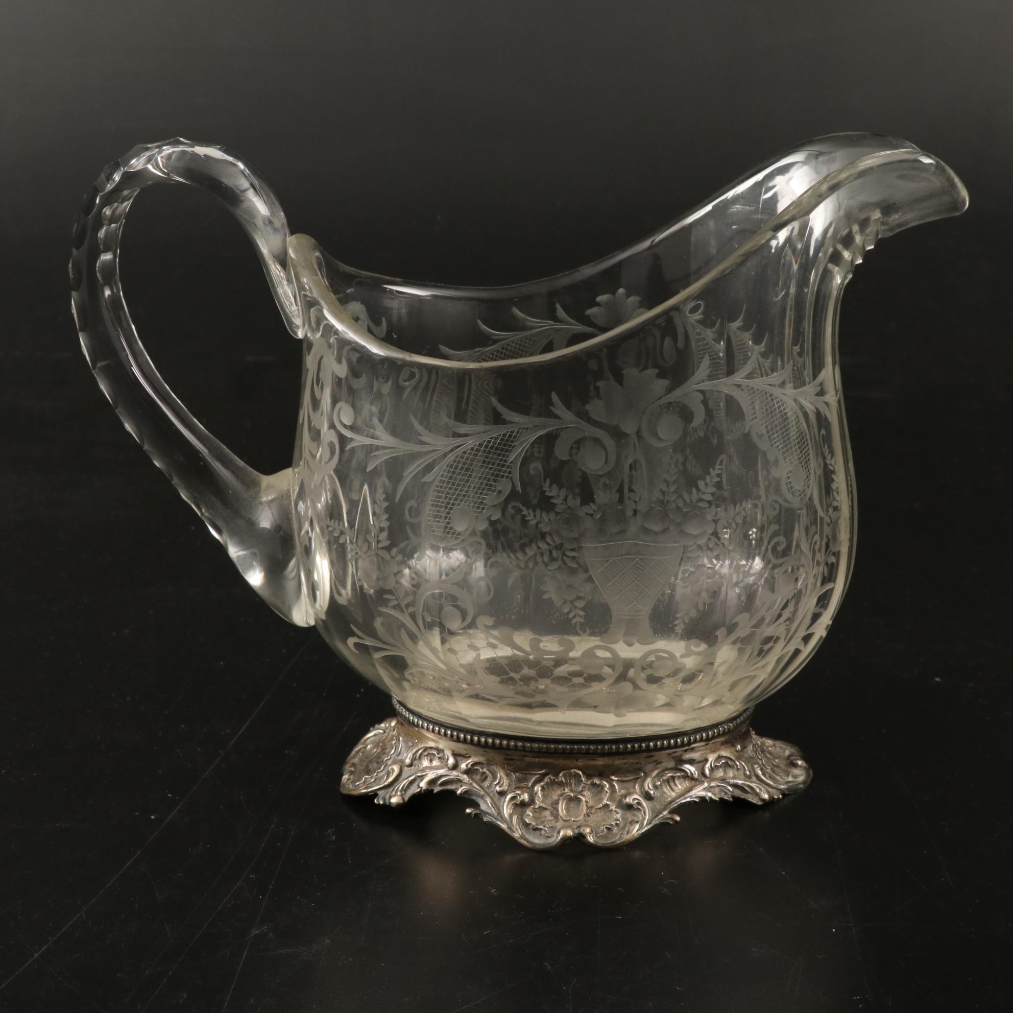 J.D. Schleissner and Söhne 800 Silver Footed Etched Glass Pitcher and Glasses