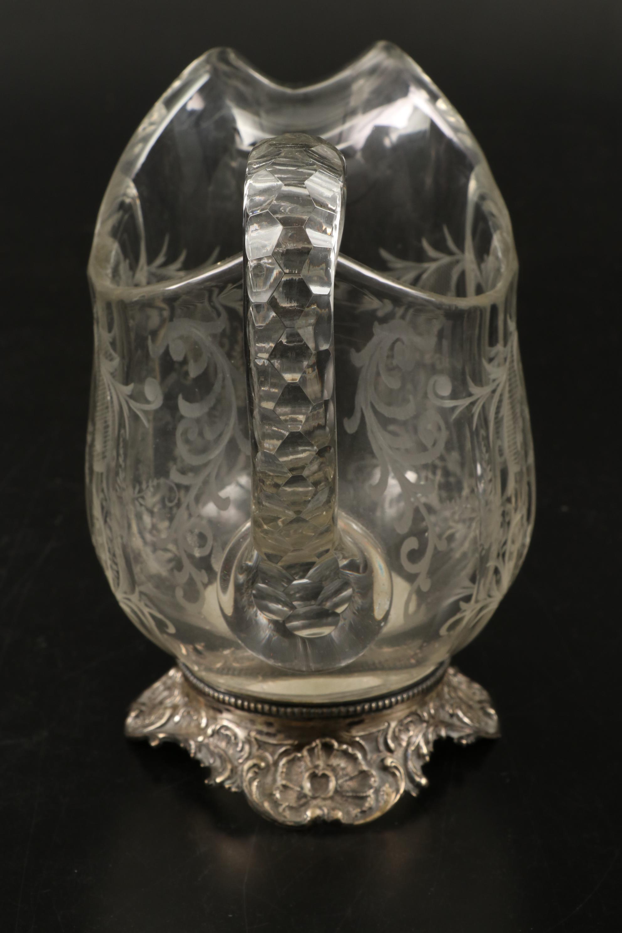 J.D. Schleissner and Söhne 800 Silver Footed Etched Glass Pitcher and Glasses