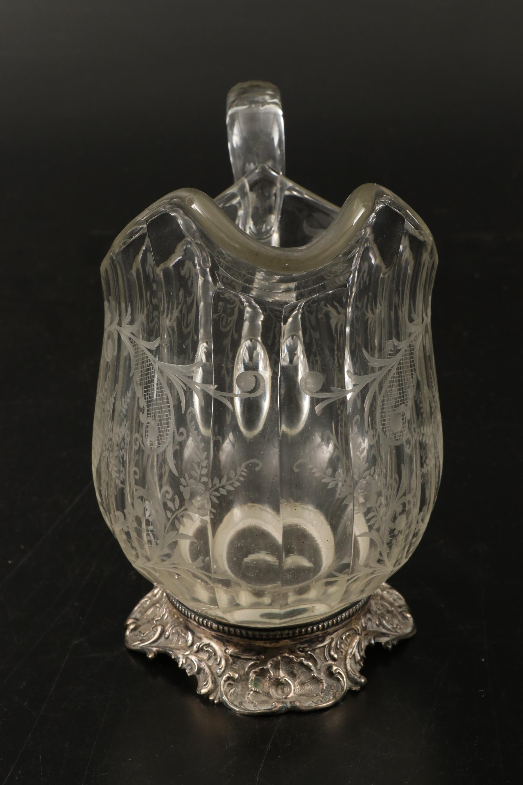J.D. Schleissner and Söhne 800 Silver Footed Etched Glass Pitcher and Glasses