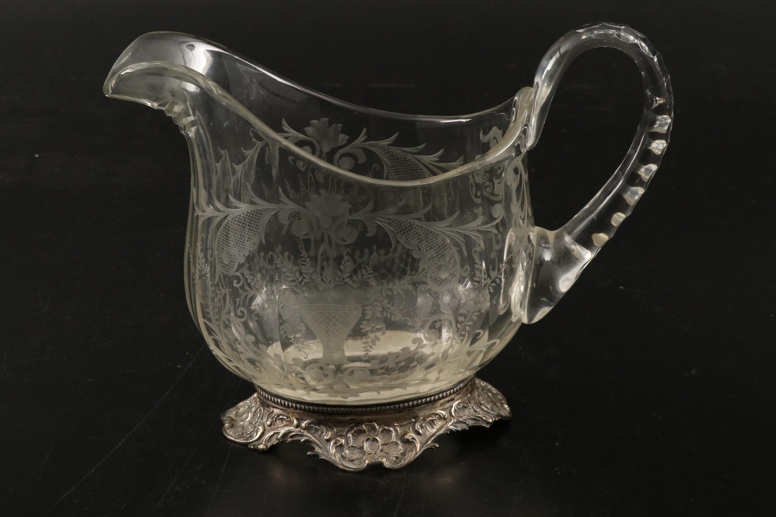 J.D. Schleissner and Söhne 800 Silver Footed Etched Glass Pitcher and Glasses
