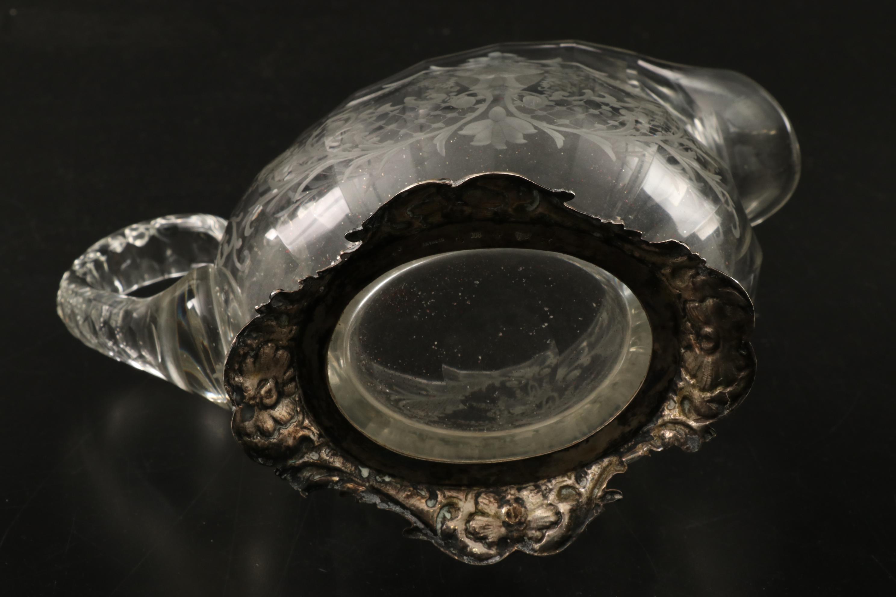 J.D. Schleissner and Söhne 800 Silver Footed Etched Glass Pitcher and Glasses