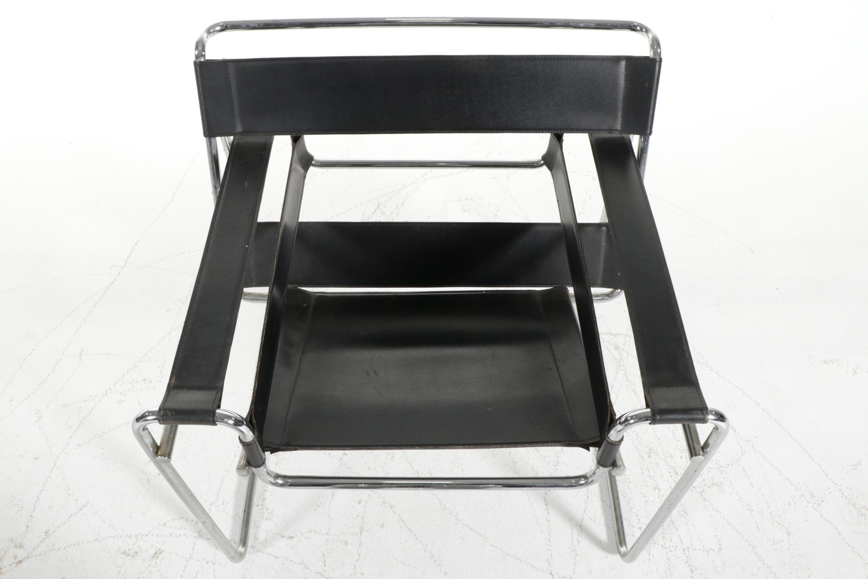 Mid Century Modern Style Chrome and Leather Strap Armchair, after Marcel Breuer