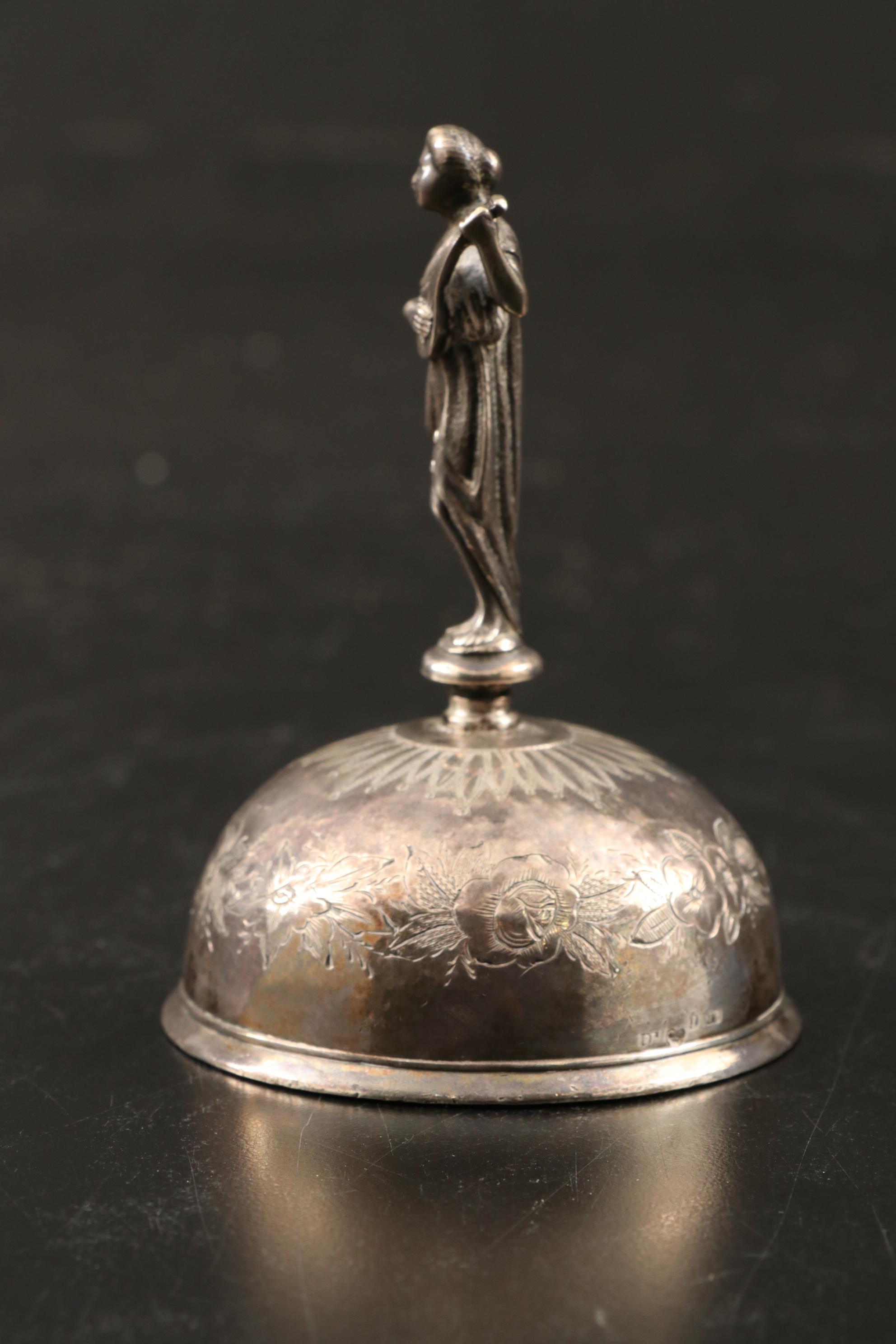 Swedish Engraved 830 Silver Bell with Figural Muse Handle, 1875