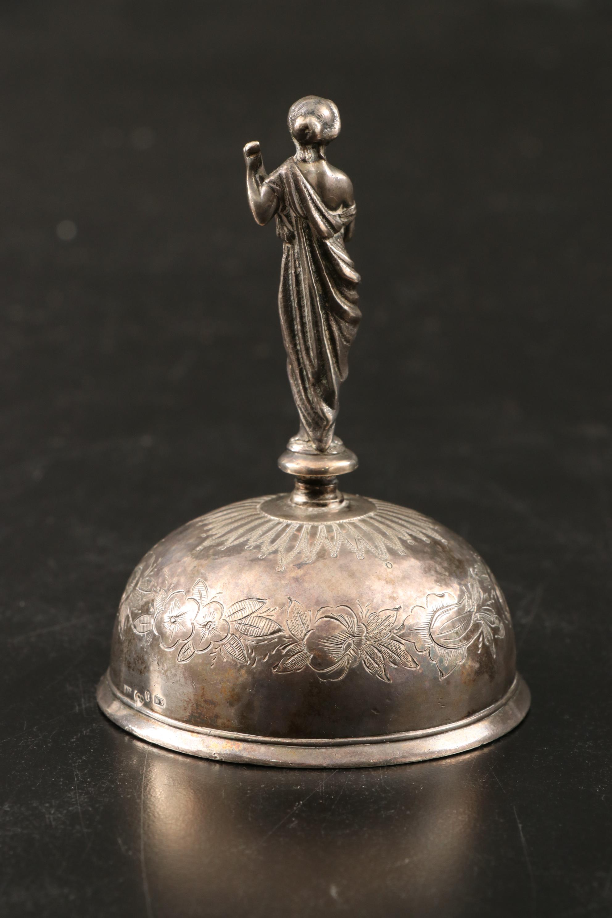 Swedish Engraved 830 Silver Bell with Figural Muse Handle, 1875