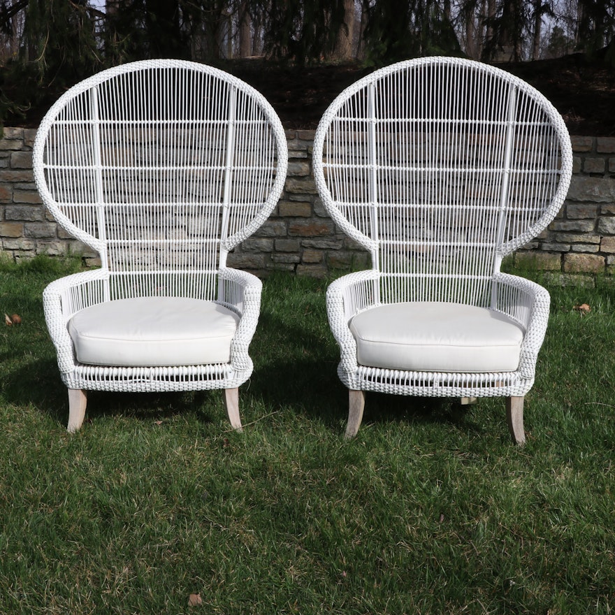 Pair of Outdoor White Painted Resin Wicker Peacock Chairs w/ Sunbrella Cushions