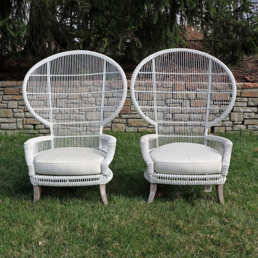 Pair of Outdoor White Painted Resin Wicker Peacock Chairs w/ Sunbrella Cushions