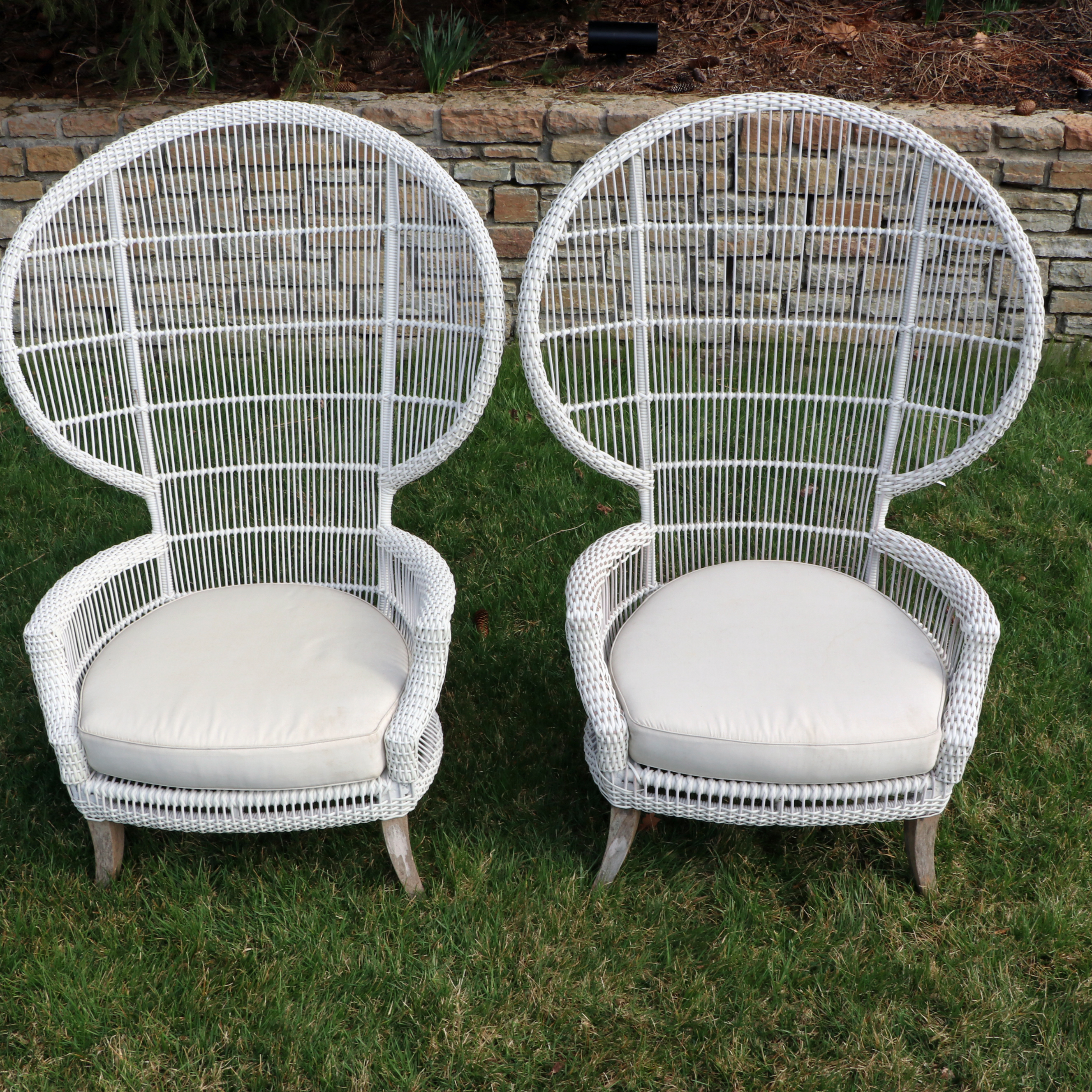 Pair of Outdoor White Painted Resin Wicker Peacock Chairs w/ Sunbrella Cushions