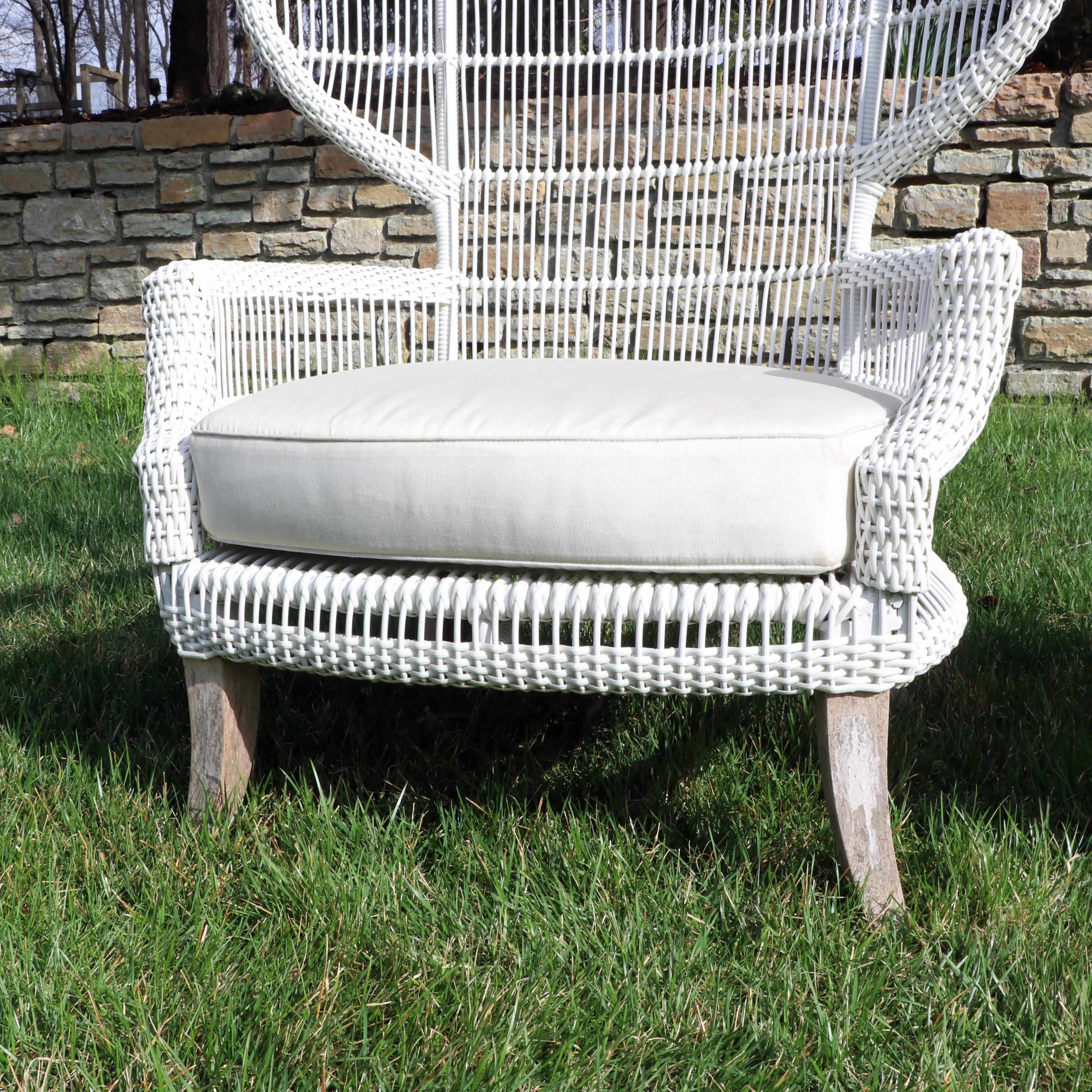 Pair of Outdoor White Painted Resin Wicker Peacock Chairs w/ Sunbrella Cushions