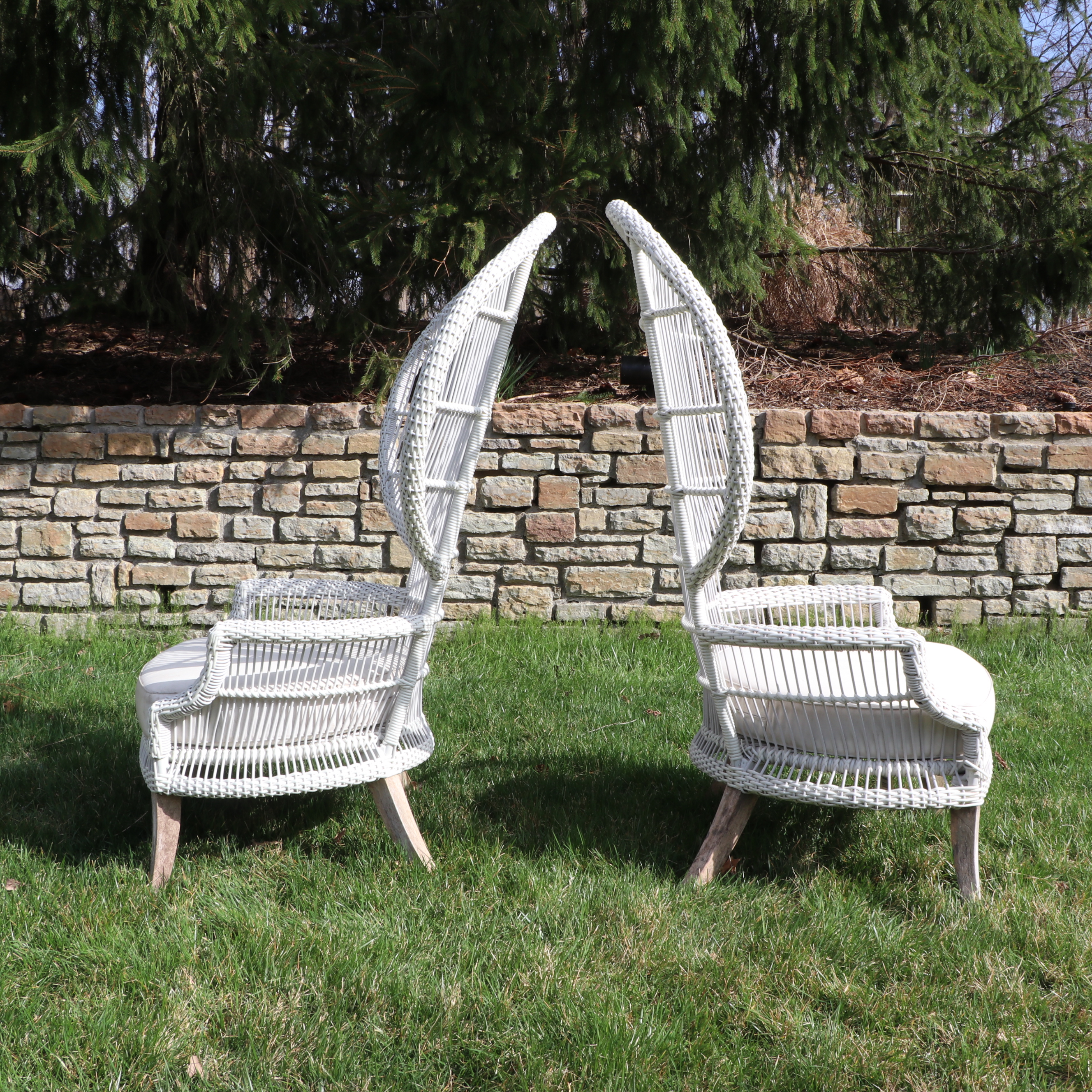 Pair of Outdoor White Painted Resin Wicker Peacock Chairs w/ Sunbrella Cushions