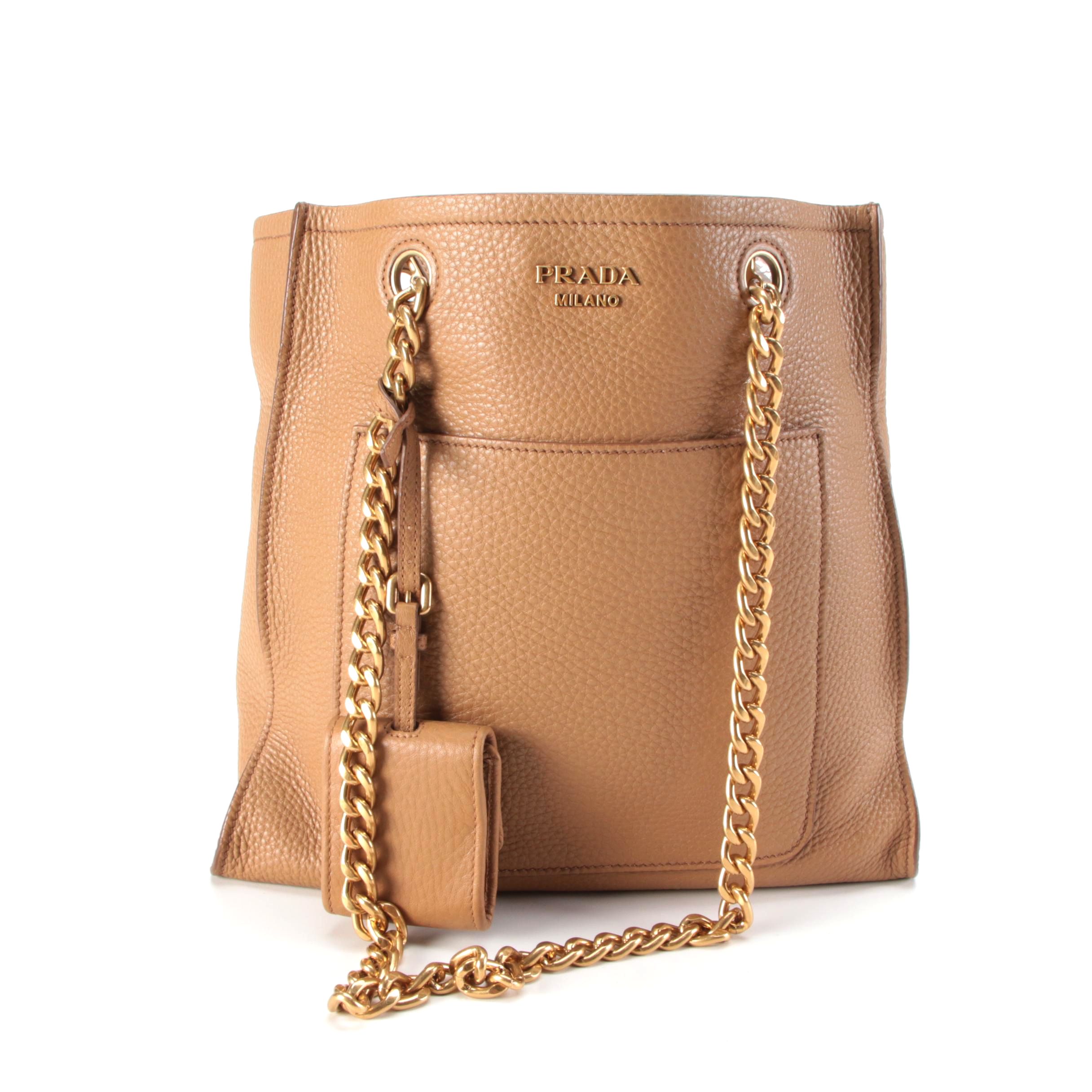 Prada Front Pocket Shopping Tote in Caramel Vitello Daino Leather