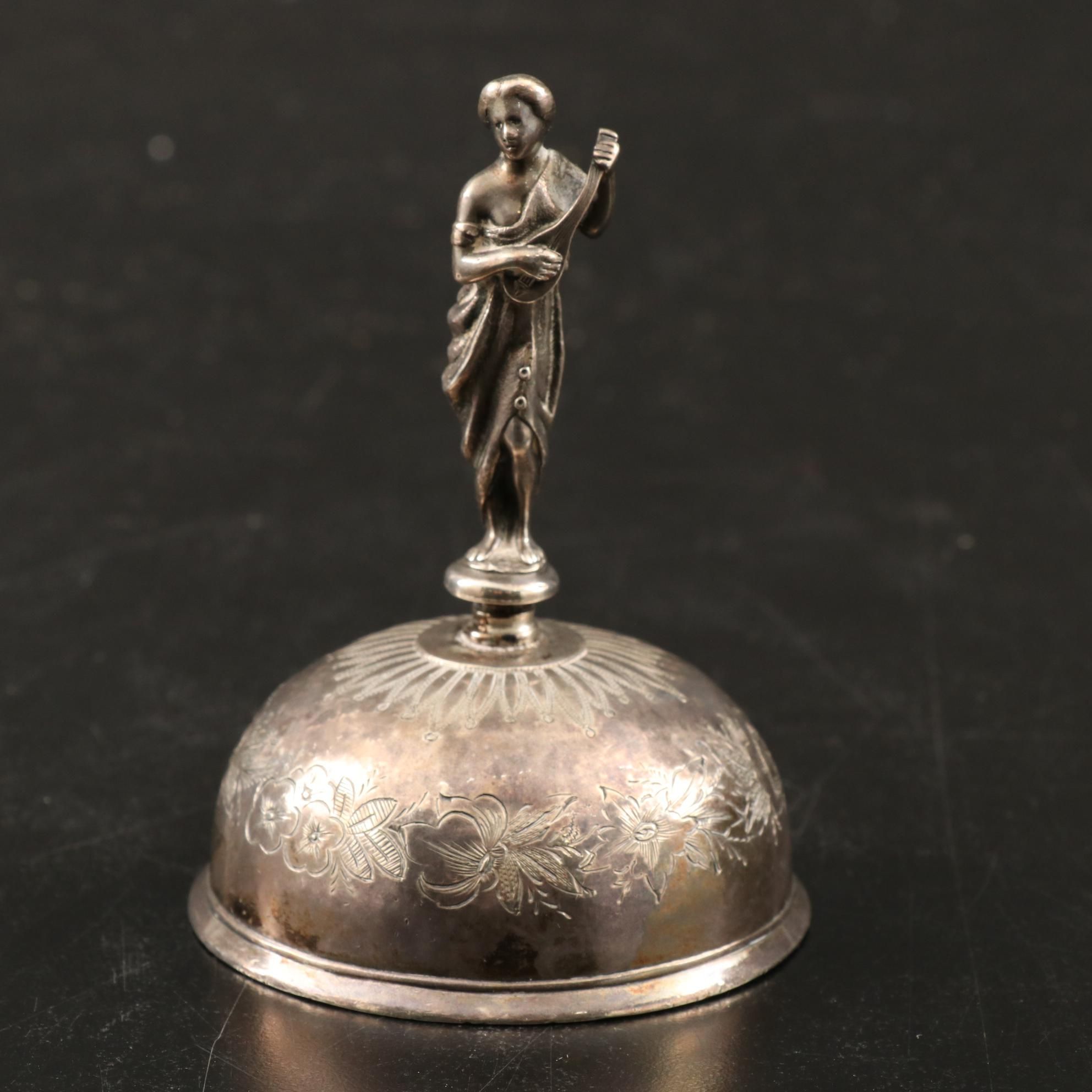 Swedish Engraved 830 Silver Bell with Figural Muse Handle, 1875