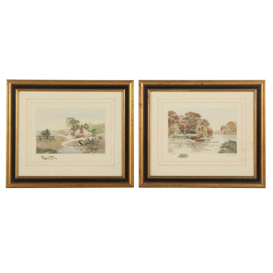 Hand-Colored Etchings "Rustic Home" and "Swan Lake"