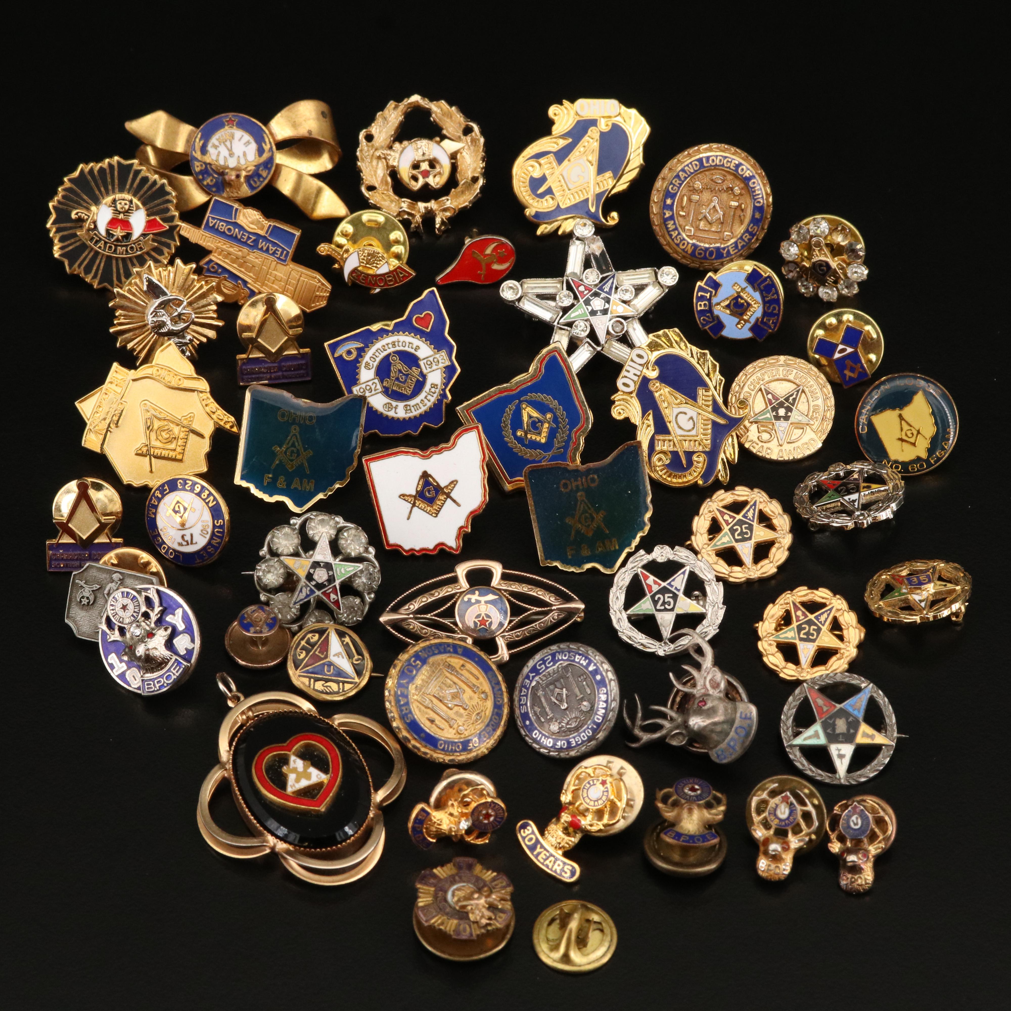 Freemason, Elks Lodge and Shriner Pins with Sterling and F.H.C. Pendant