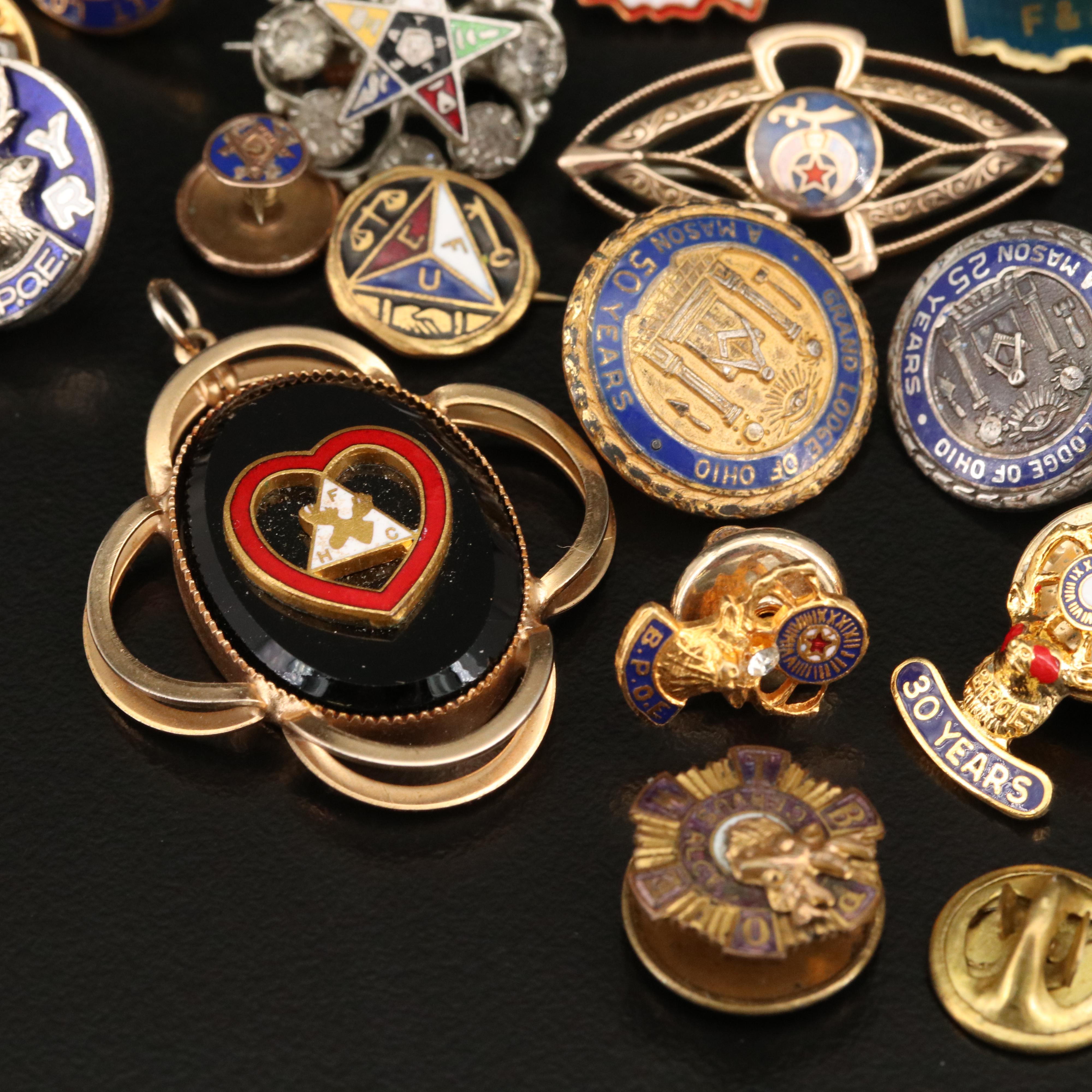 Freemason, Elks Lodge and Shriner Pins with Sterling and F.H.C. Pendant